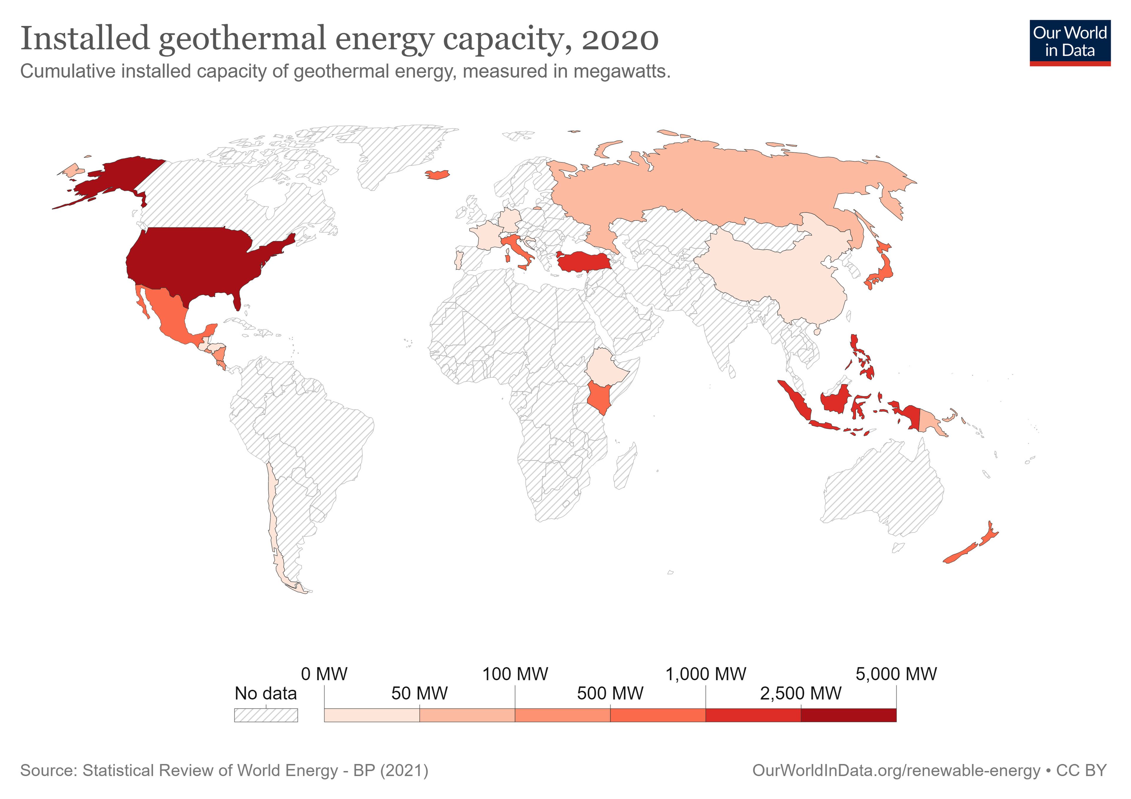 Capacidad de energía geotérmica en 2020