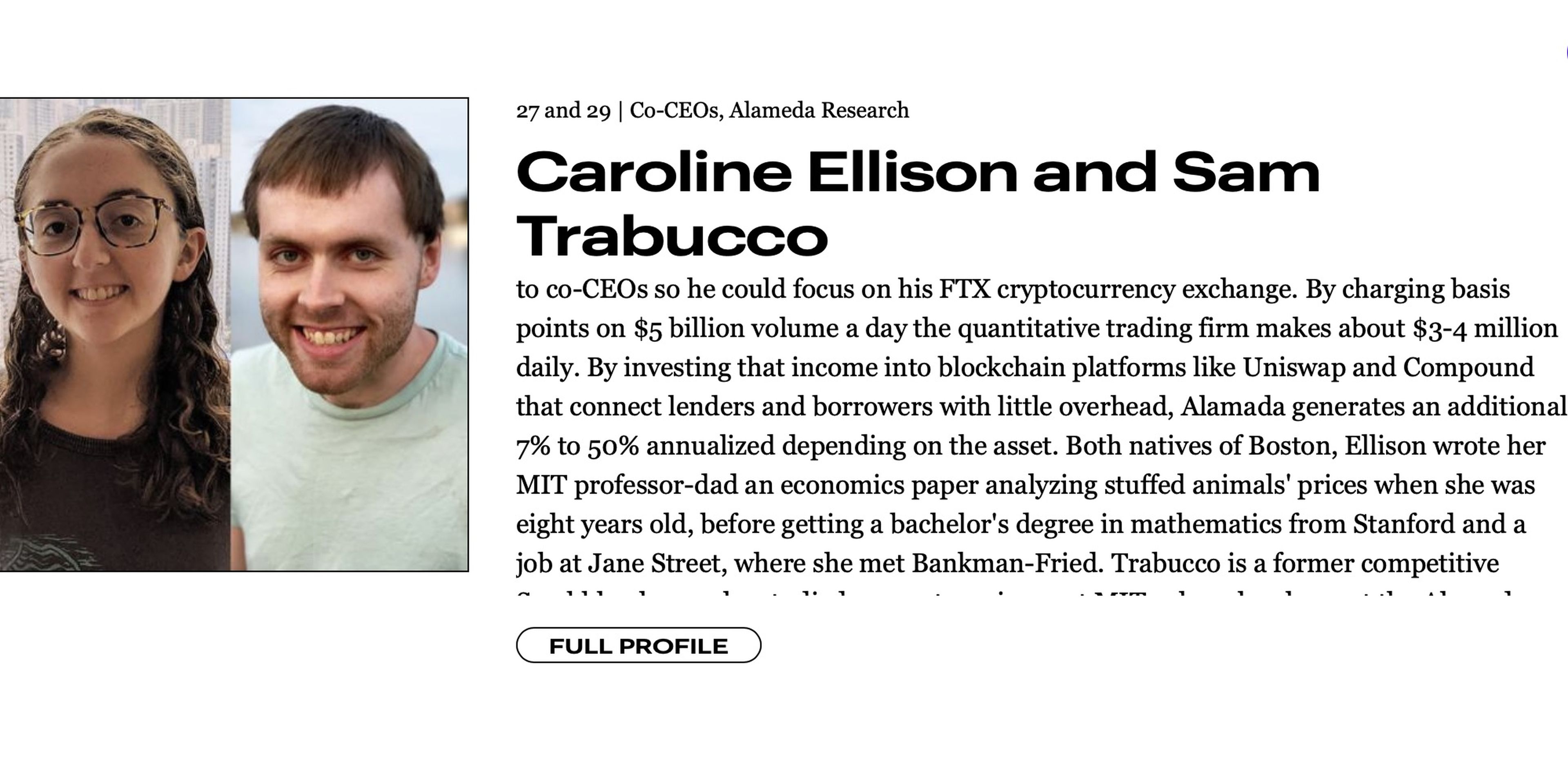 Caroline Ellison y Sam Trabucco en la lista Forbes.