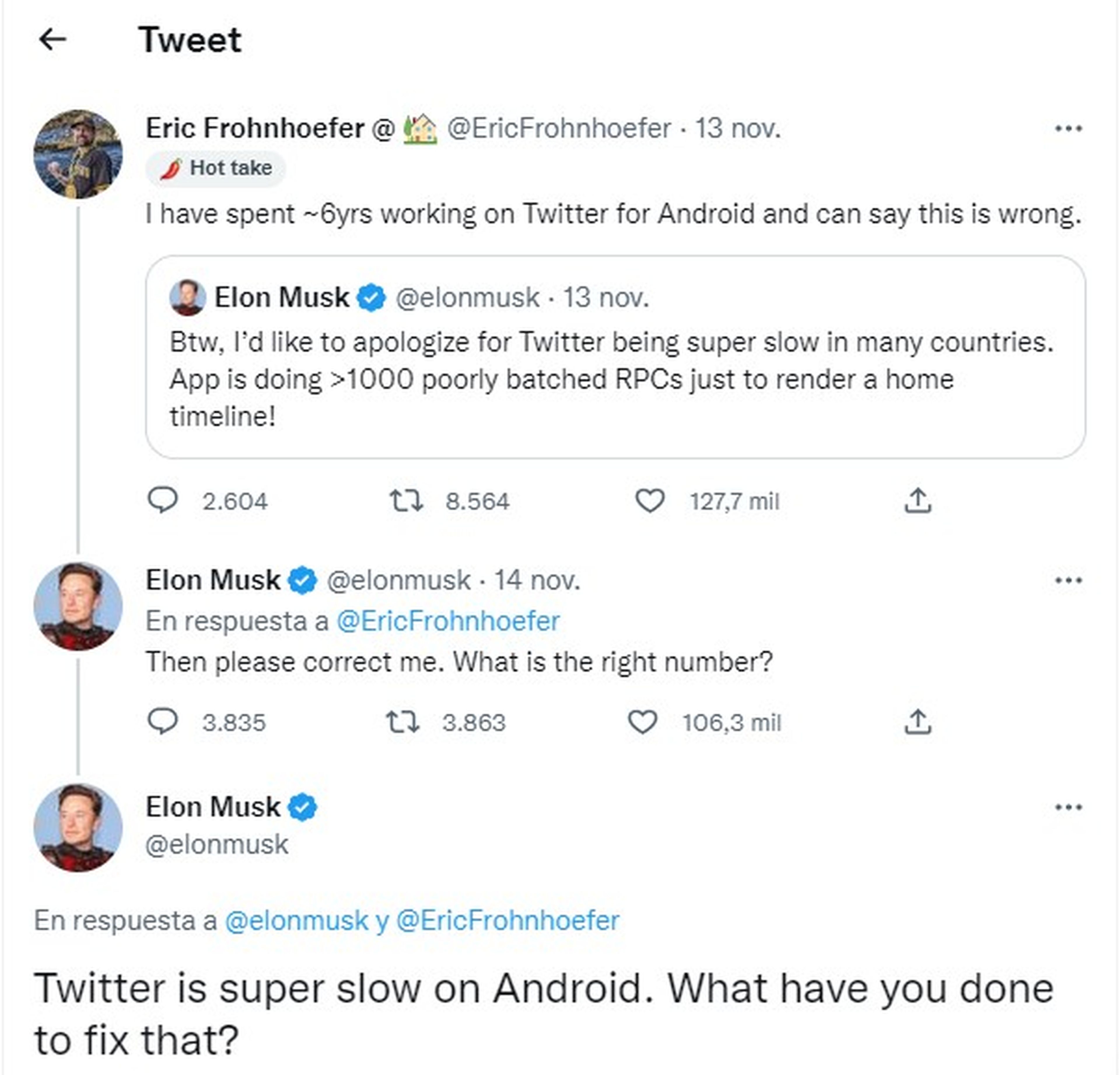 Debate con Elon Musk sobre la app "superlenta" de Twitter