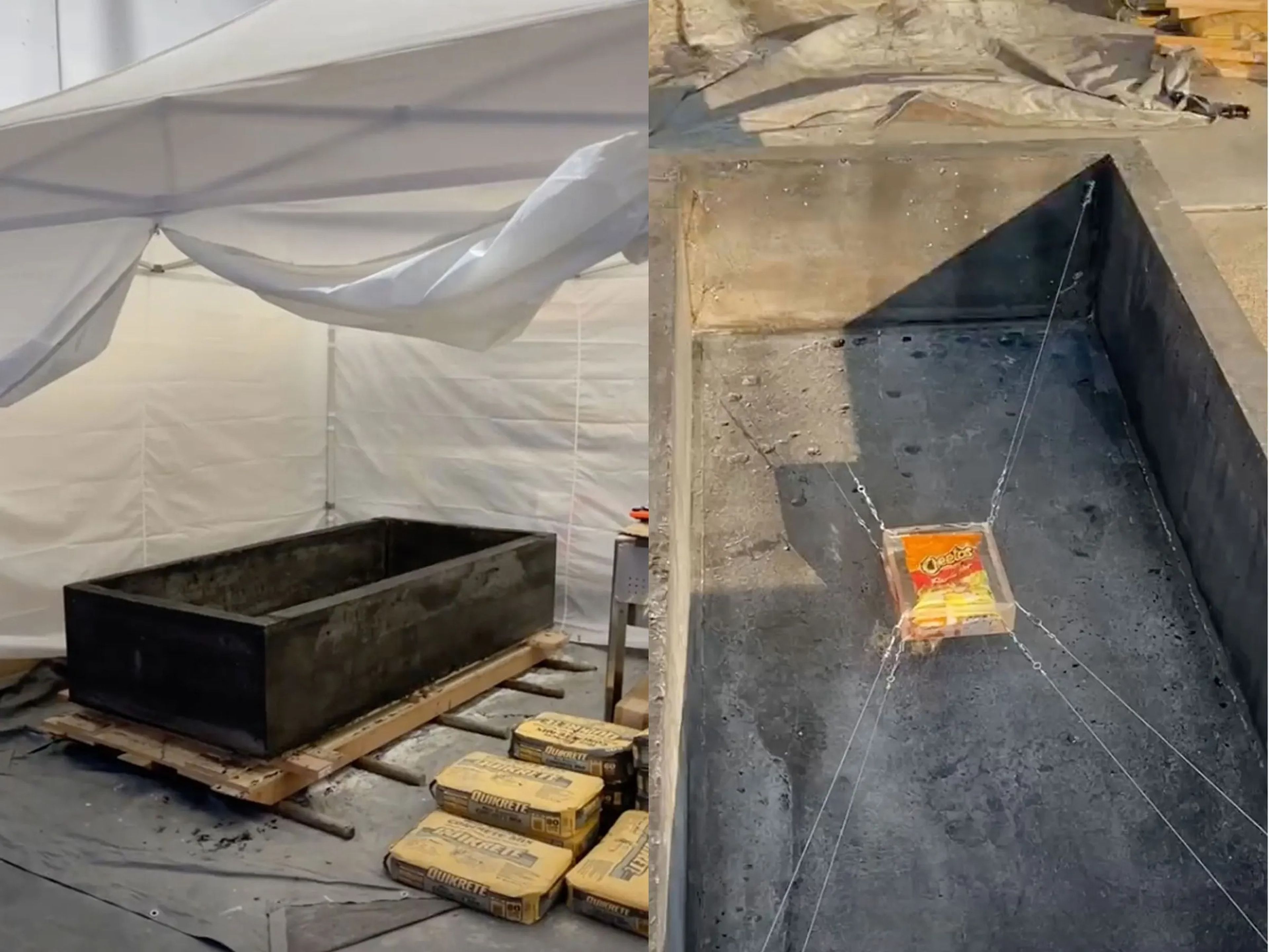 Fotos del sarcófago que ha construido un TikToker para enterrar una bolsa de Cheetos.