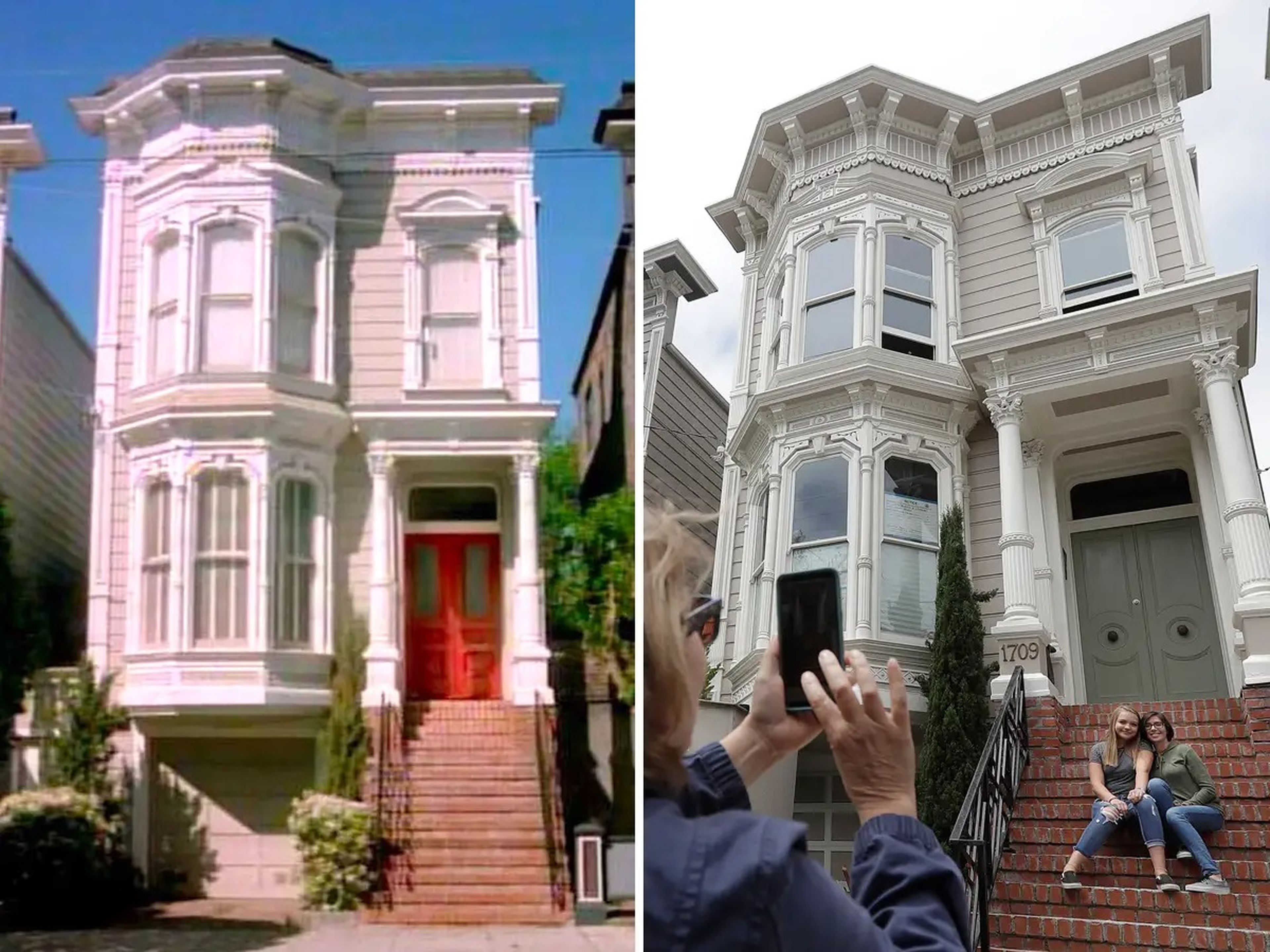 La icónica casa de la ficción a la izquierda, y la vivienda real en 2018, a la derecha.