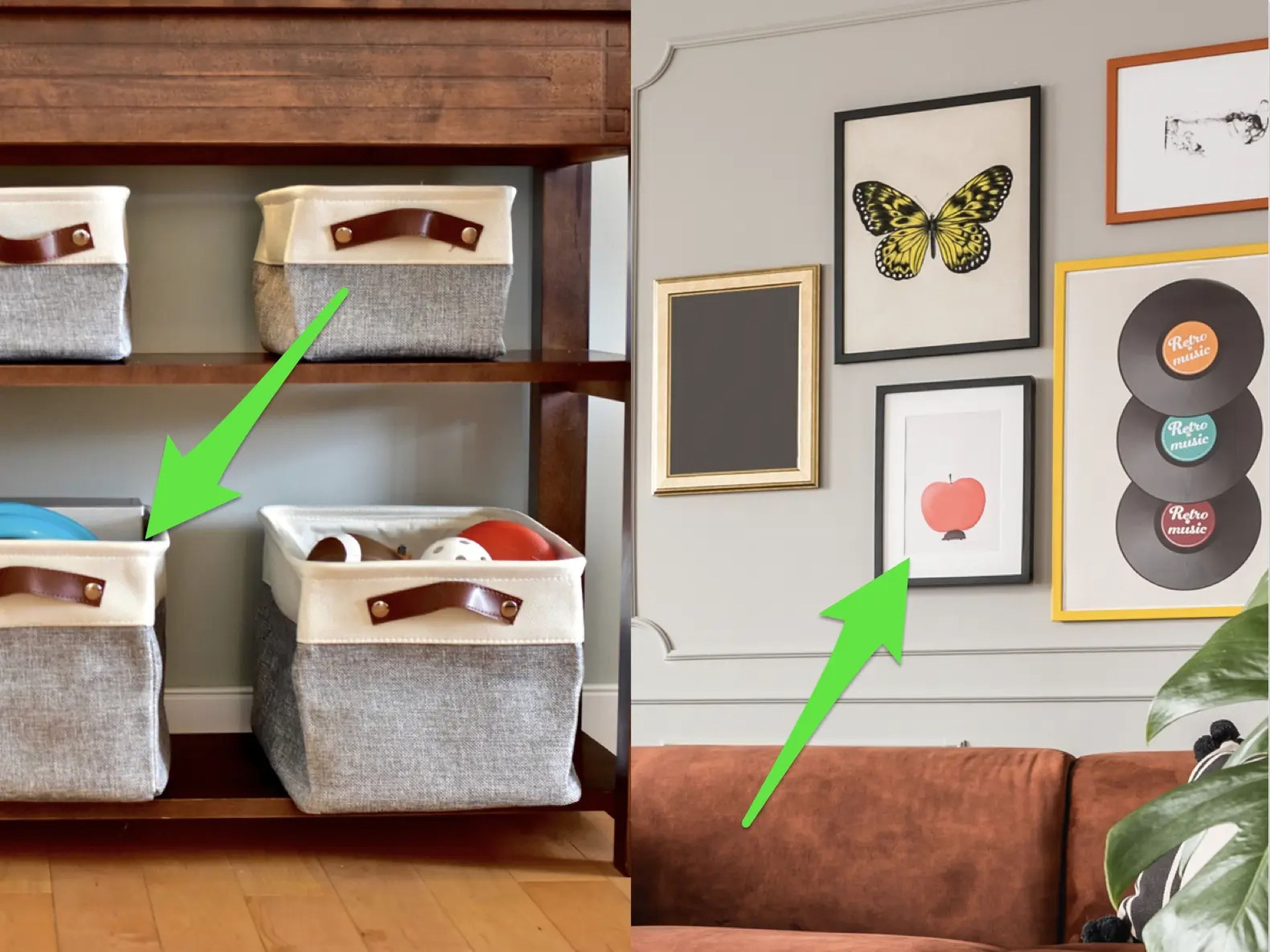 Gray baskets with toys inside them and a green arrow pointing to a basket; A gallery wall above a terracotta couch and a green arrow pointing to an apple print