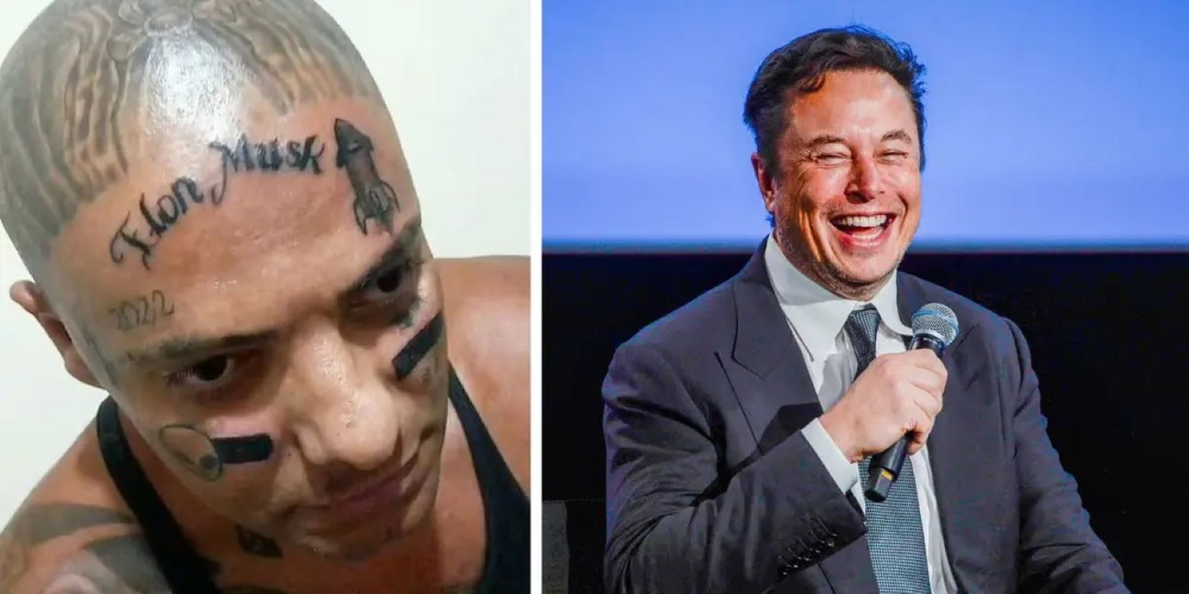 El 'influencer' Rodrigo América con su tatuaje, y Elon Musk.