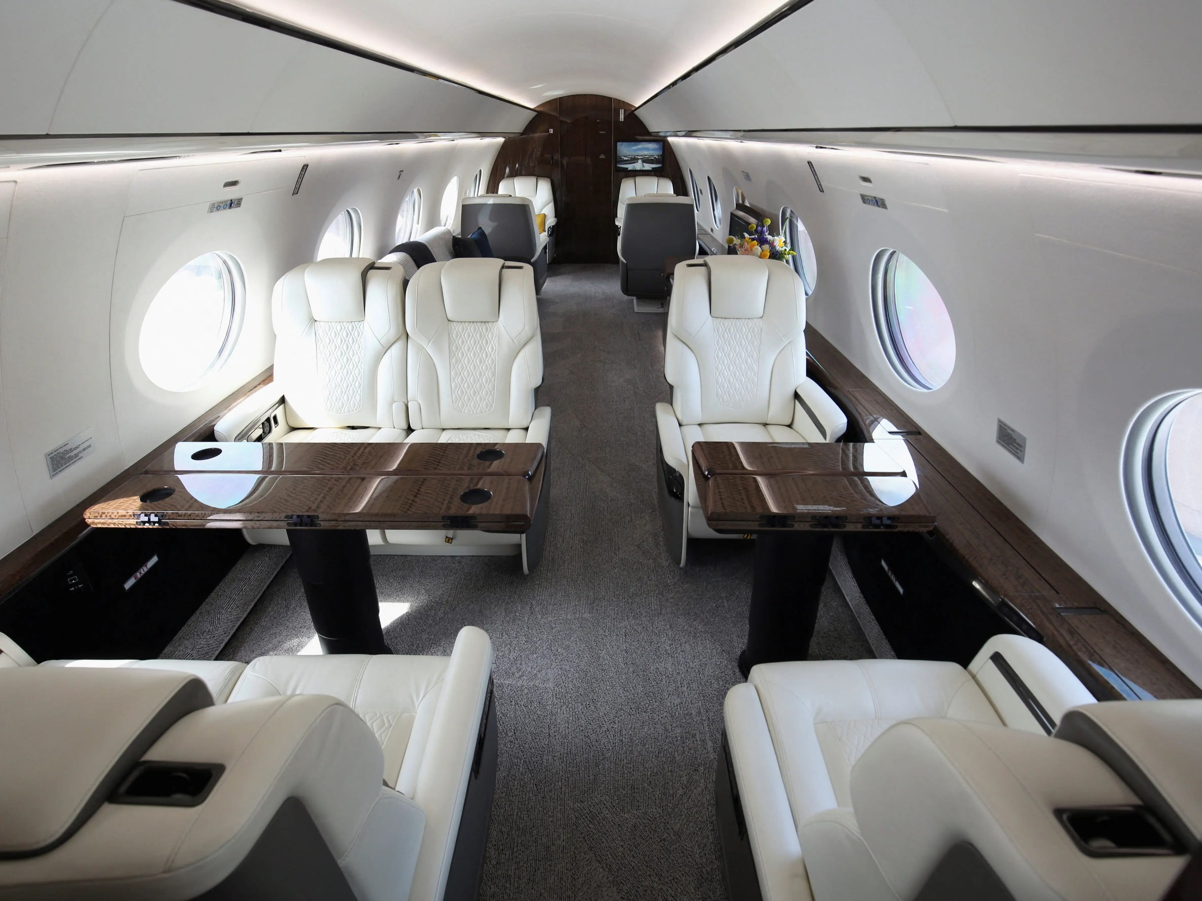 The interior of a G700 aircraft, one of the newest in Gulfstream Aerospace's lineup, is on display at the National Business Aviation Association (NBAA) convention and exhibition in Orlando, Florida, U.S. October 17, 2022.