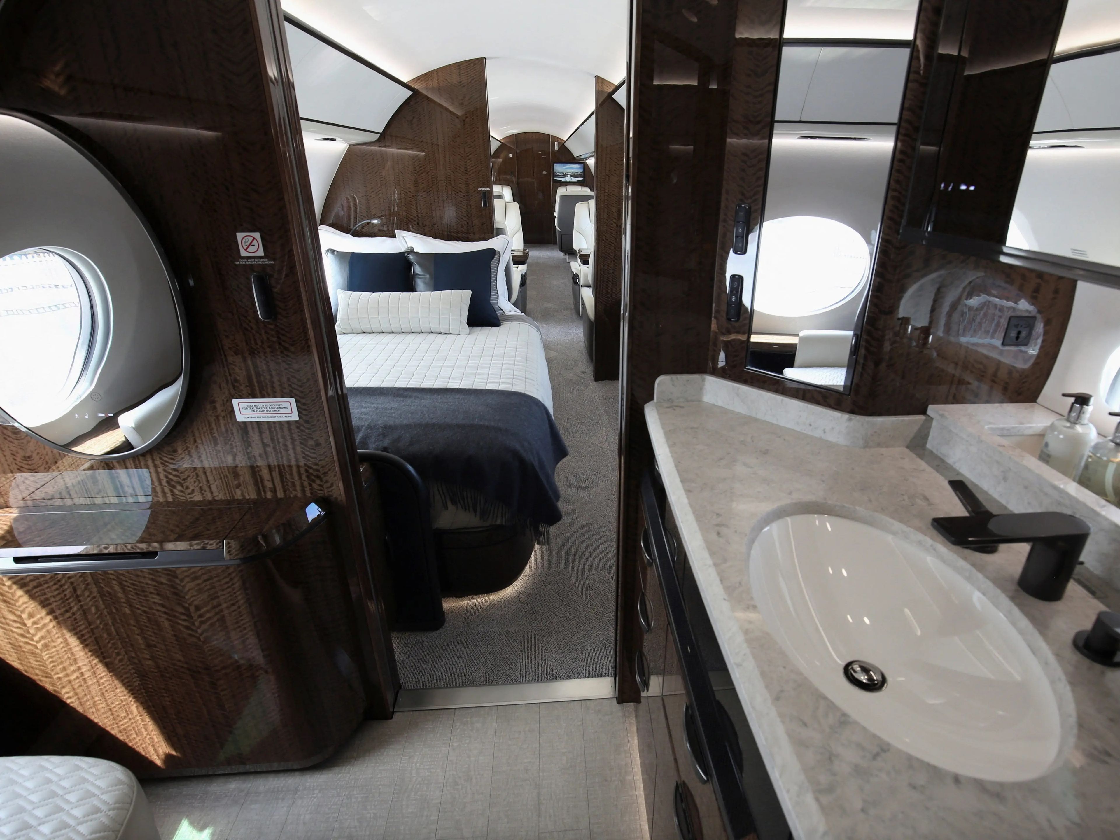 The interior of a G700 aircraft, one of the newest in Gulfstream Aerospace's lineup, is on display at the National Business Aviation Association (NBAA) convention and exhibition in Orlando, Florida, U.S. October 17, 2022.