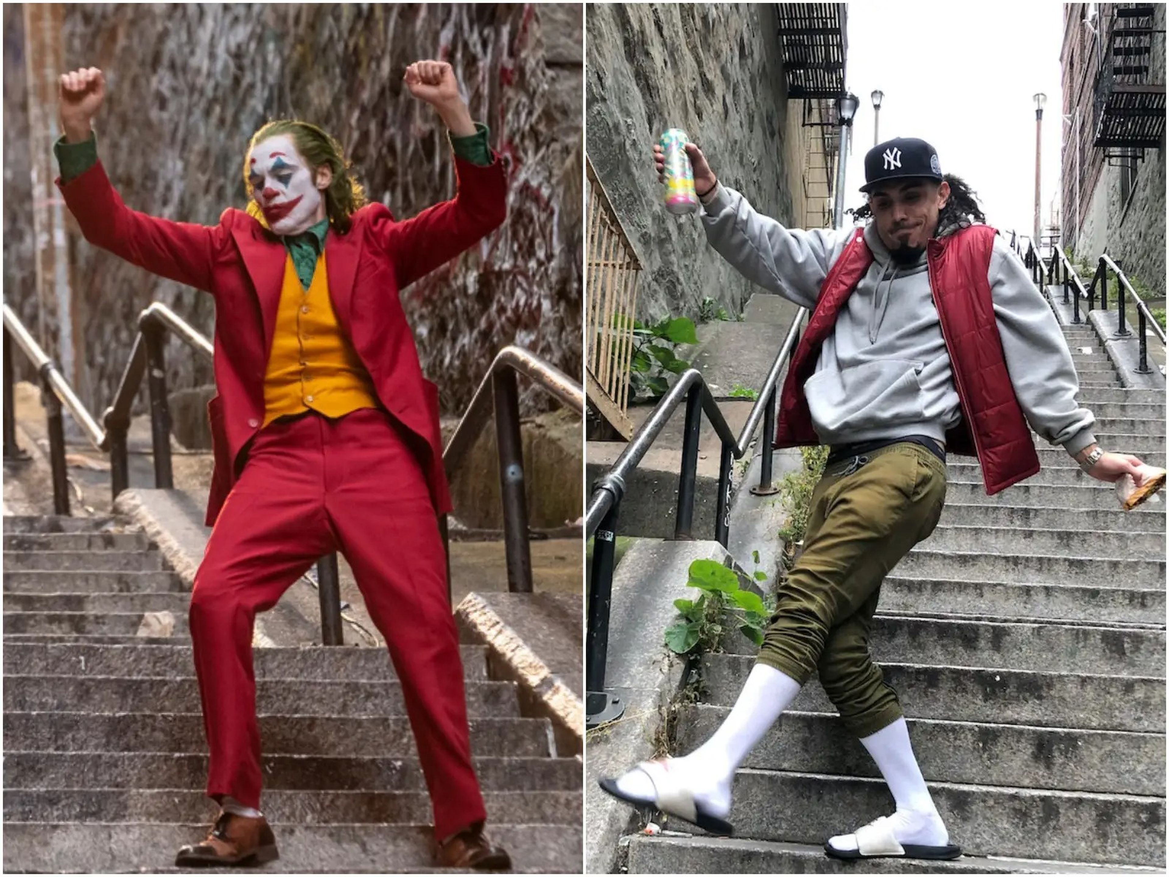 Una escena de 'Joker' a la izquierda, y un fan en la escaleras, a la derecha.