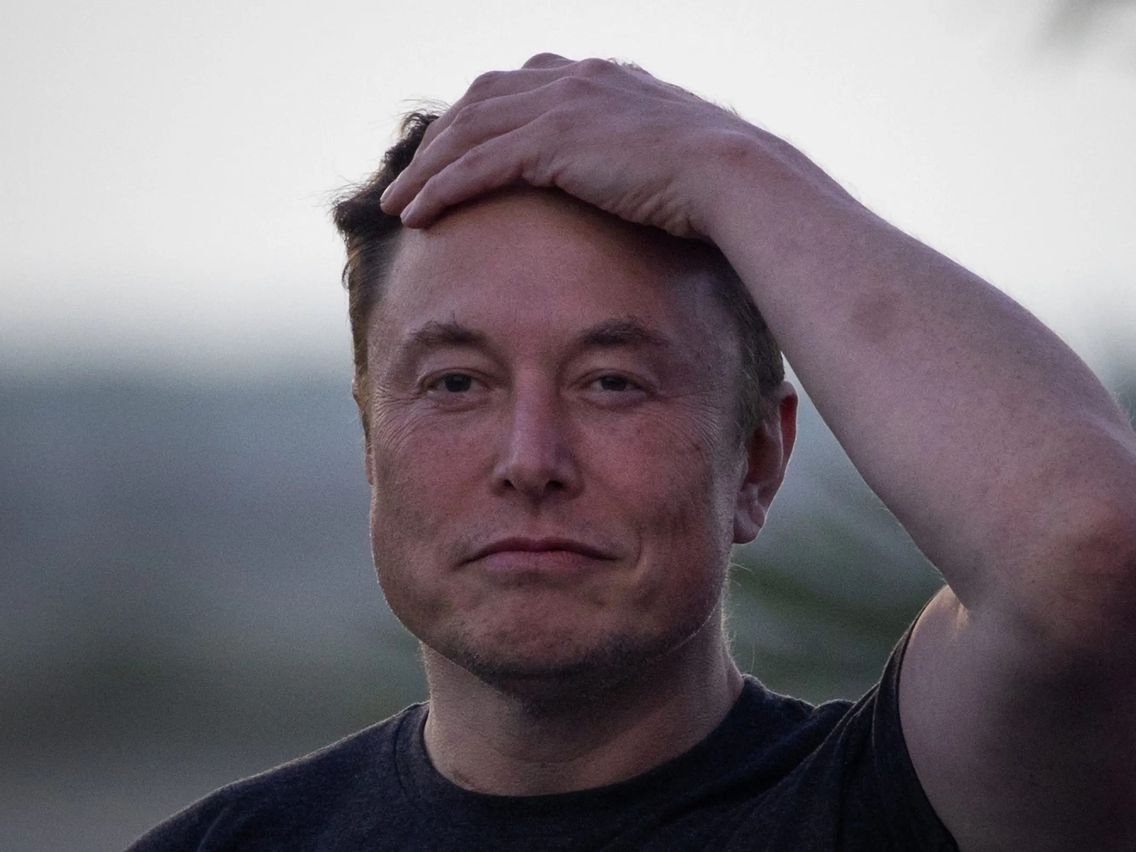 A picture of Elon Musk from the shoulders up. He's wearing a black t-shirt and clasping his left hand to his head with a calm expression on his face.