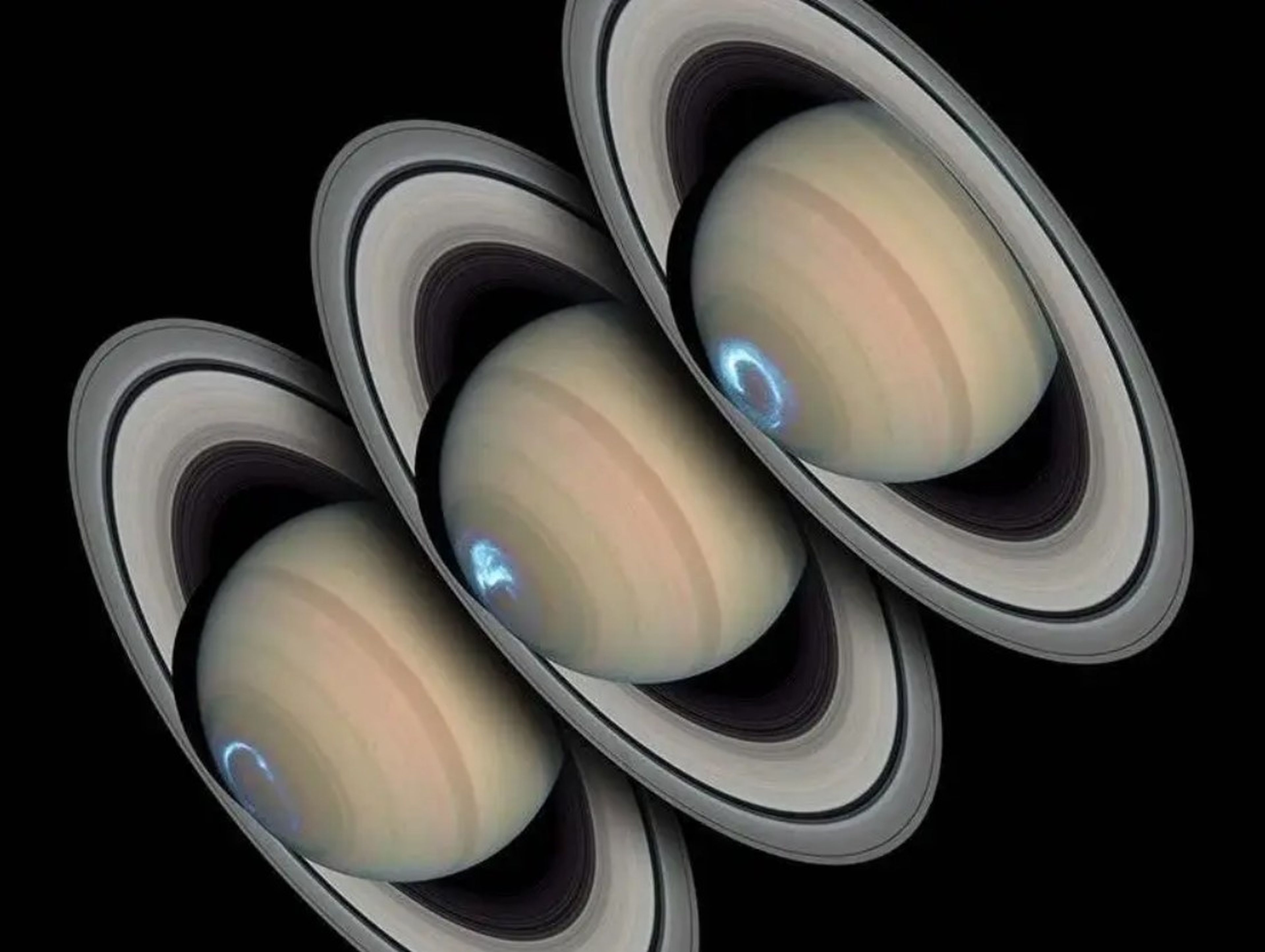 Fotografía tomada por el Hubble de la aurora austral de Saturno, los días 24,26 y 28 de enero de 2005.