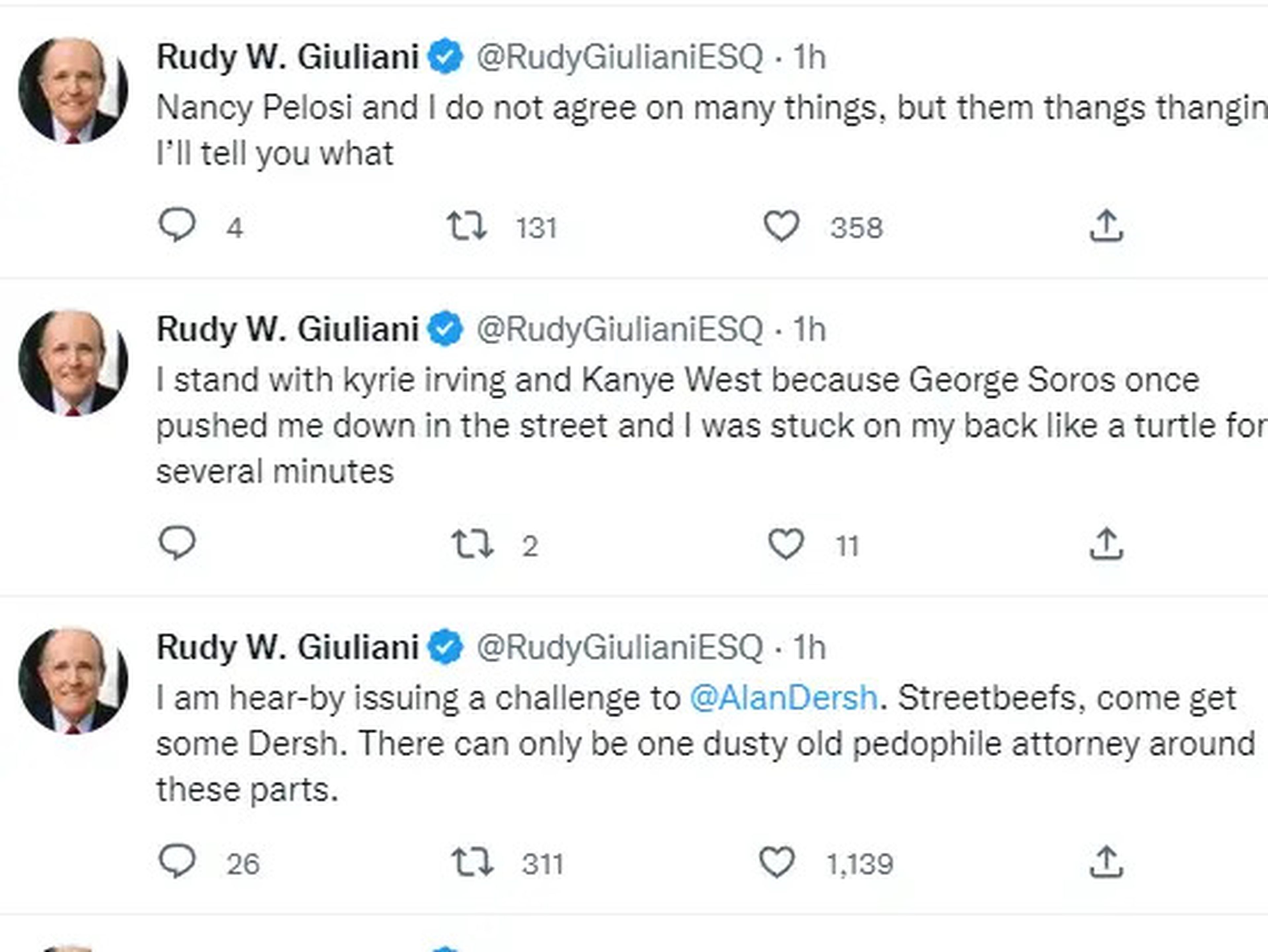 Thread of tweets from Rudy Giuliani impersonator