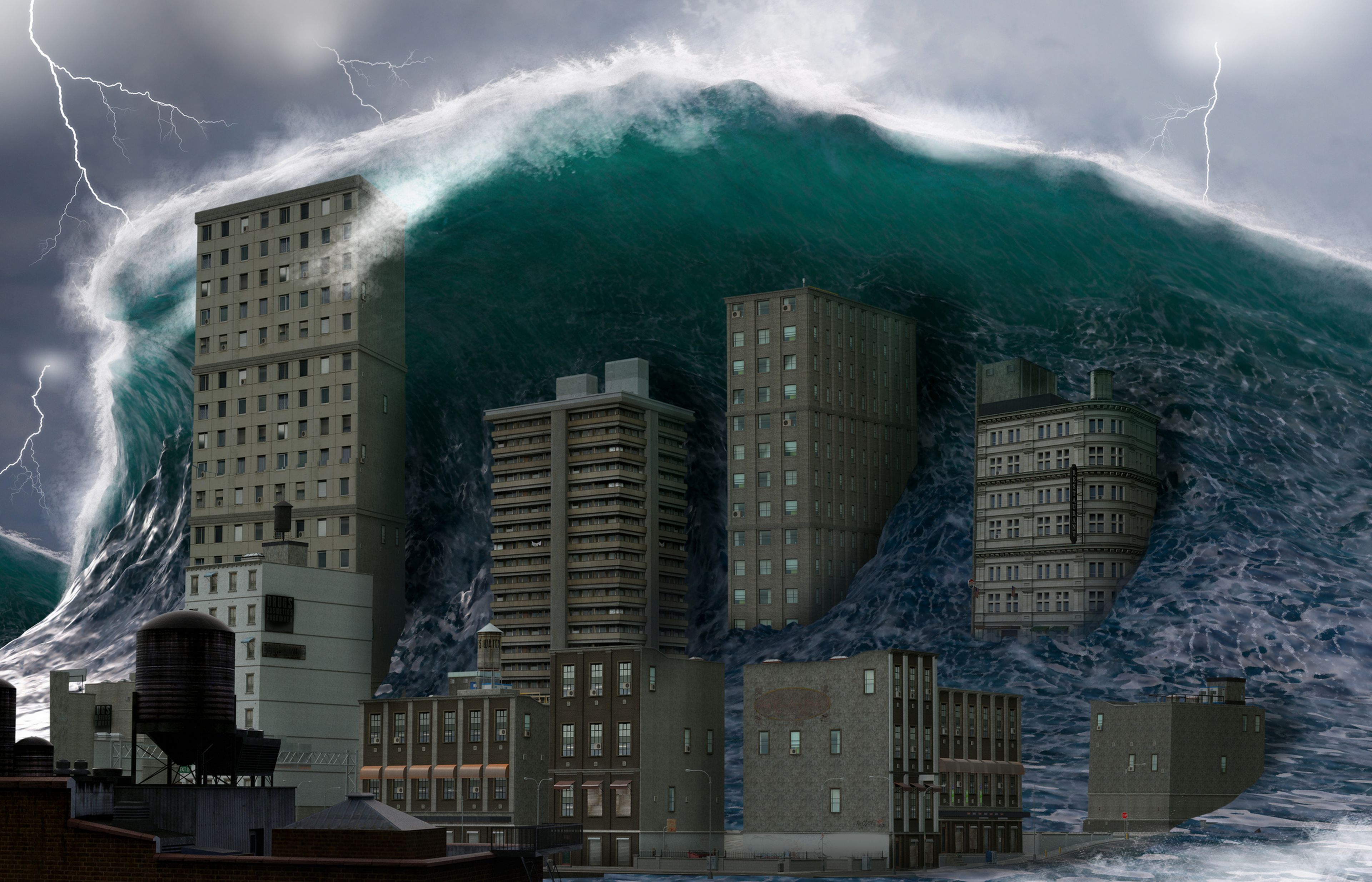 Un tsunami arras una ciudad.
