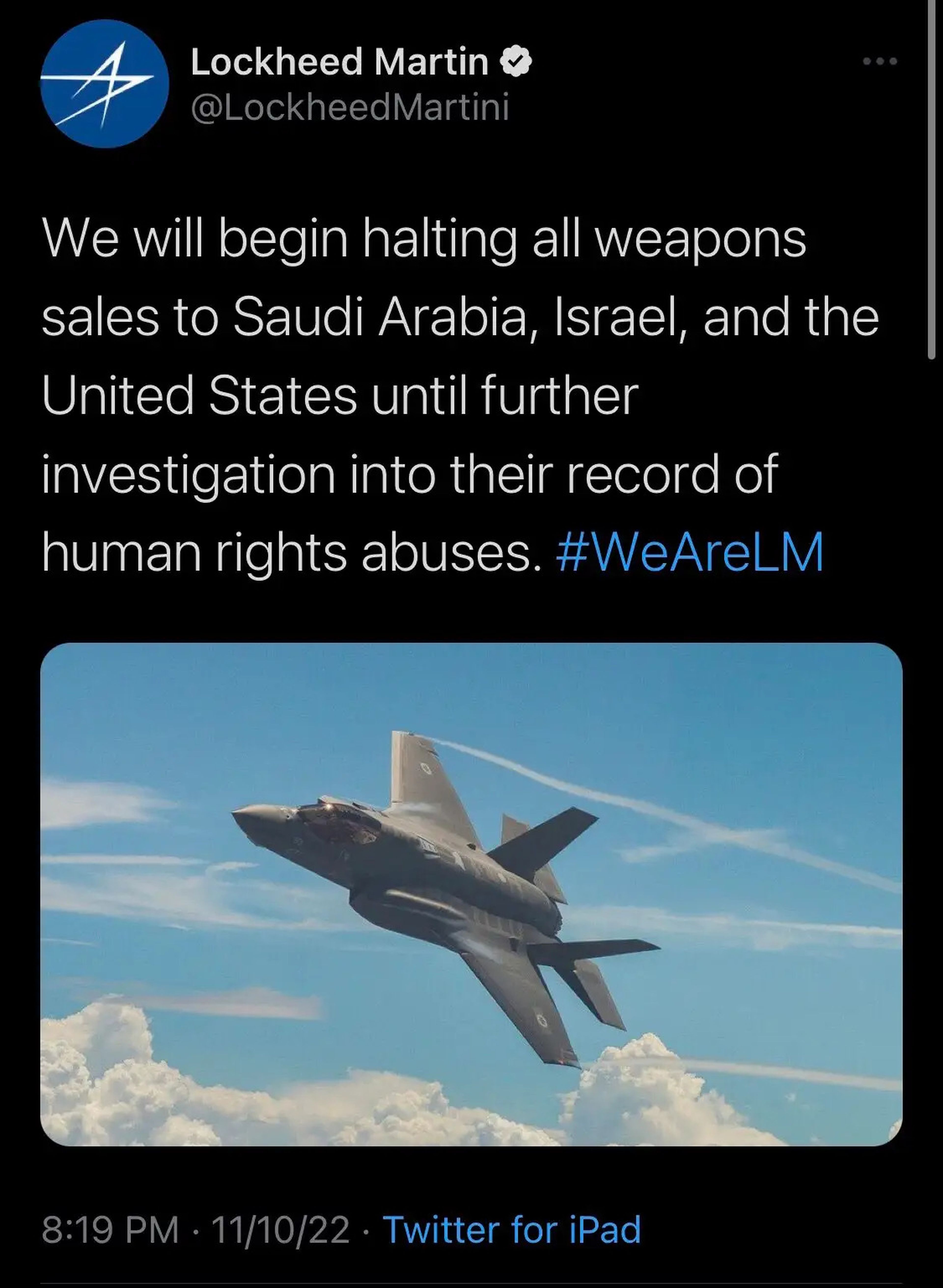 Tweet from account impersonating defense company Lockheed Martin.