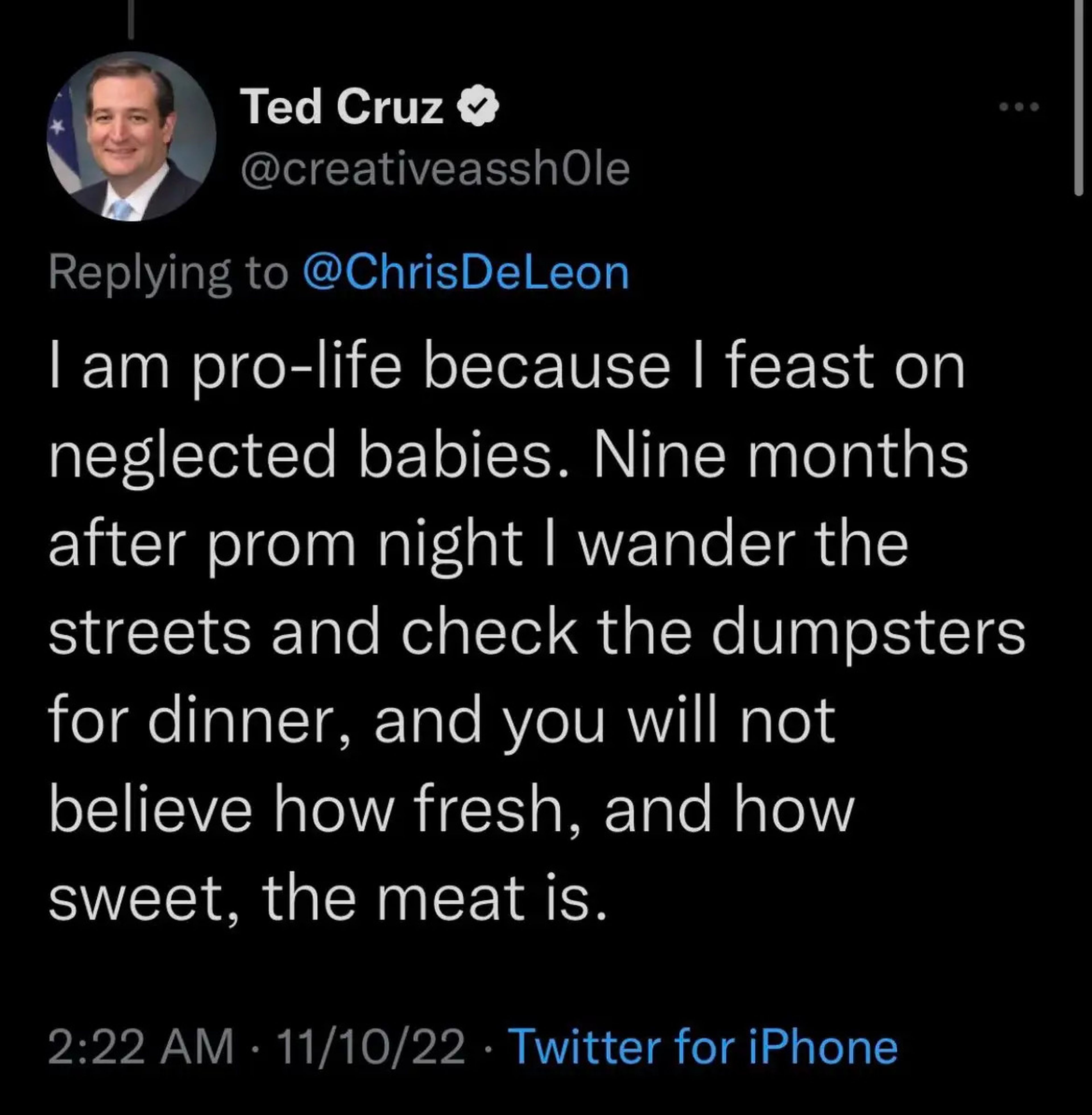 Tweet from account impersonating US senator Ted Cruz.