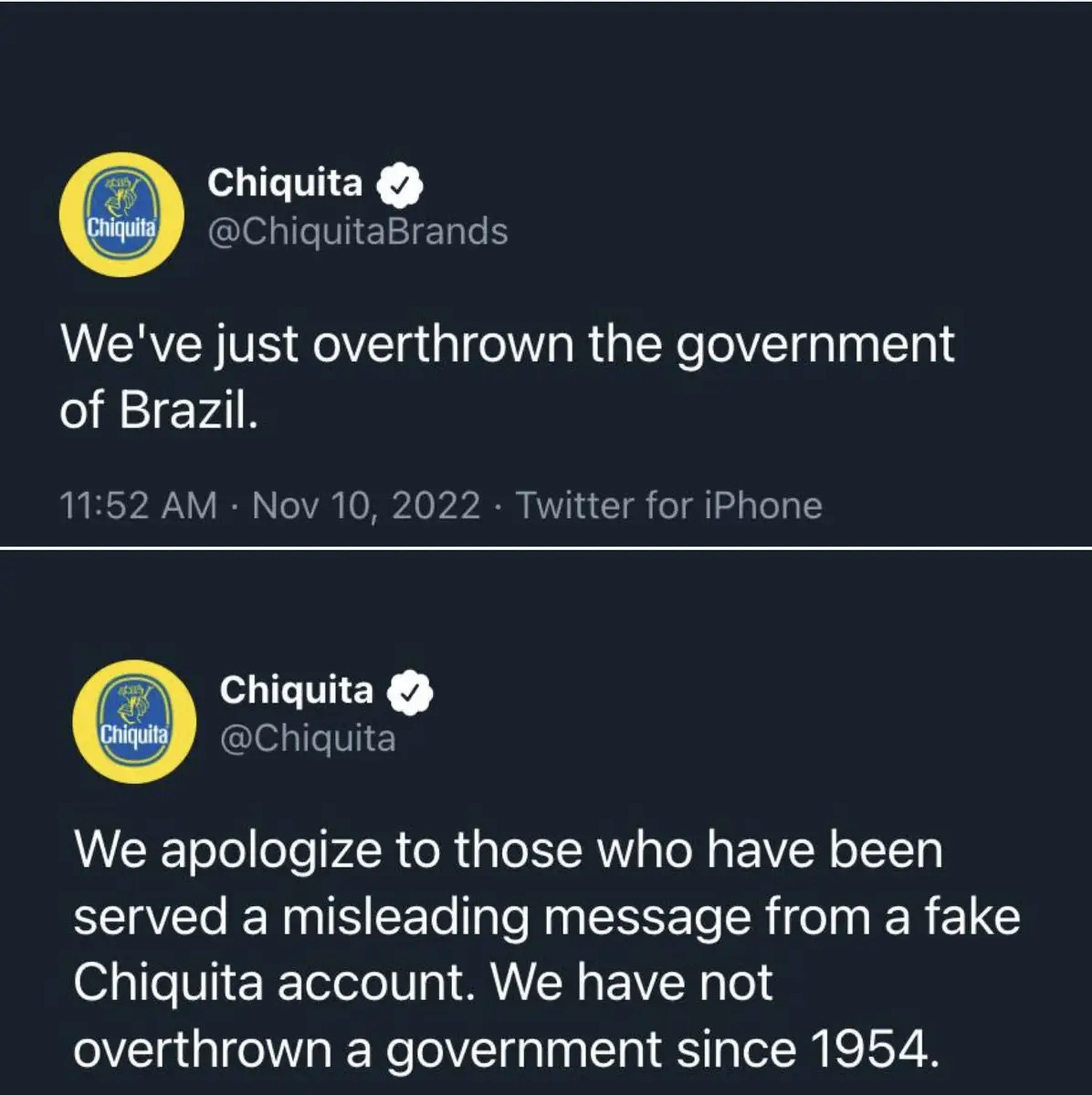 Tweet from Chiquita impersonator followed by an apology from the real Chiquita account.