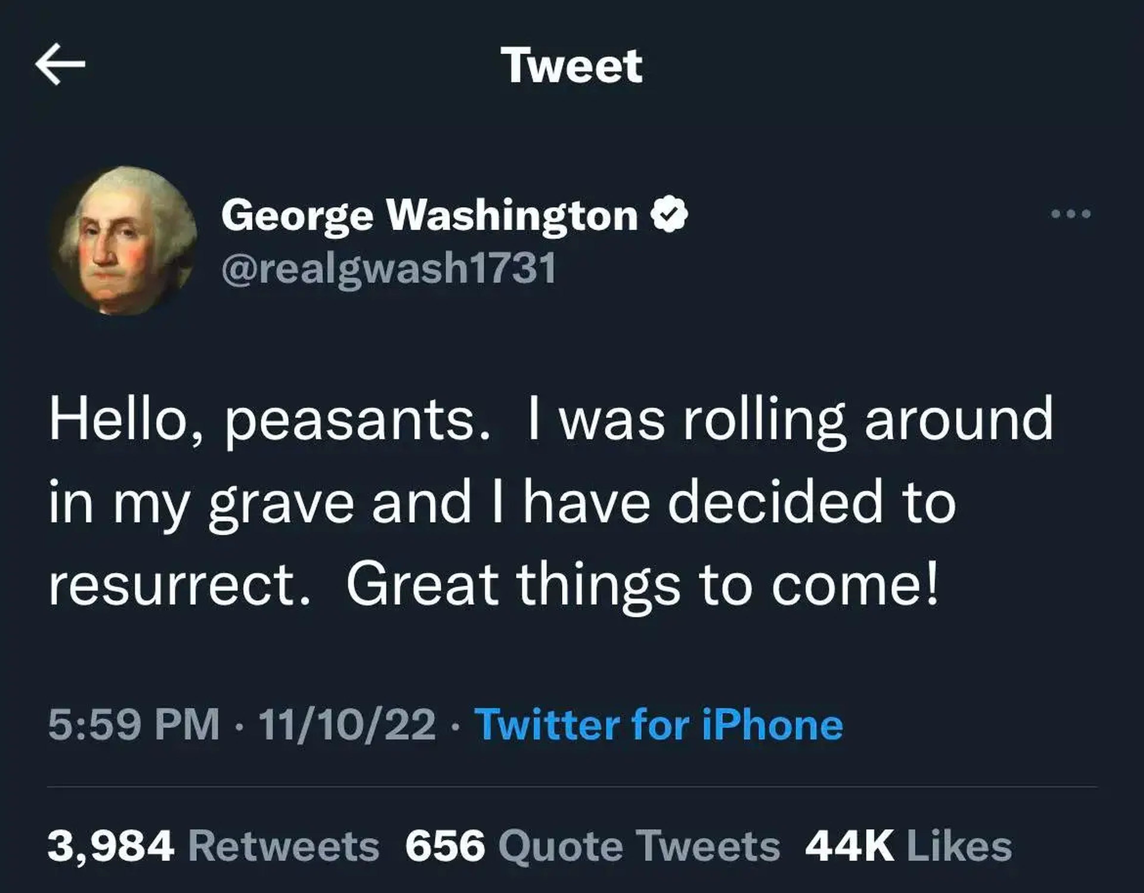 Tweet from George Washington impersonator