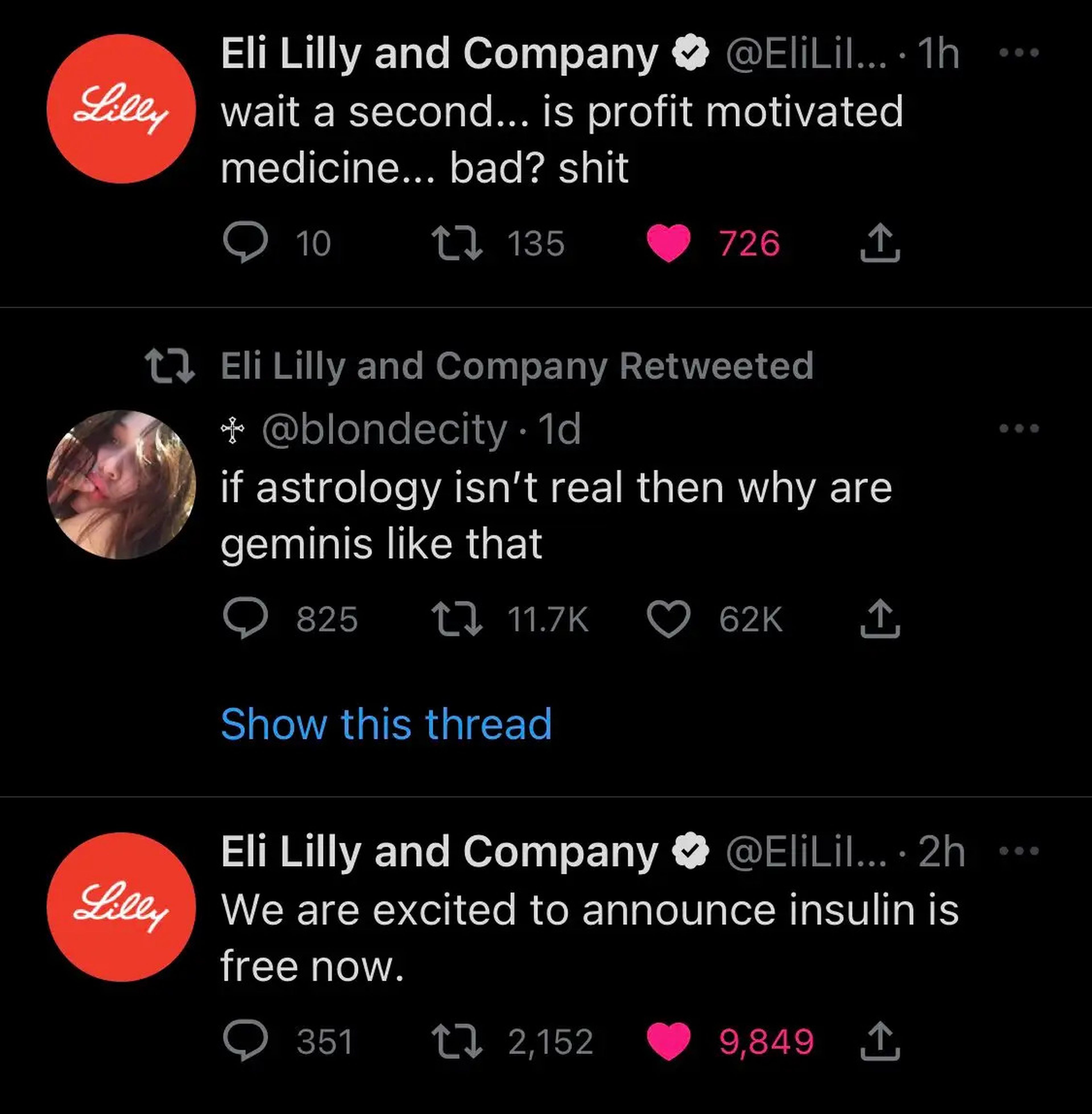 Tweet impersonating pharmaceutical company Eli Lilly.