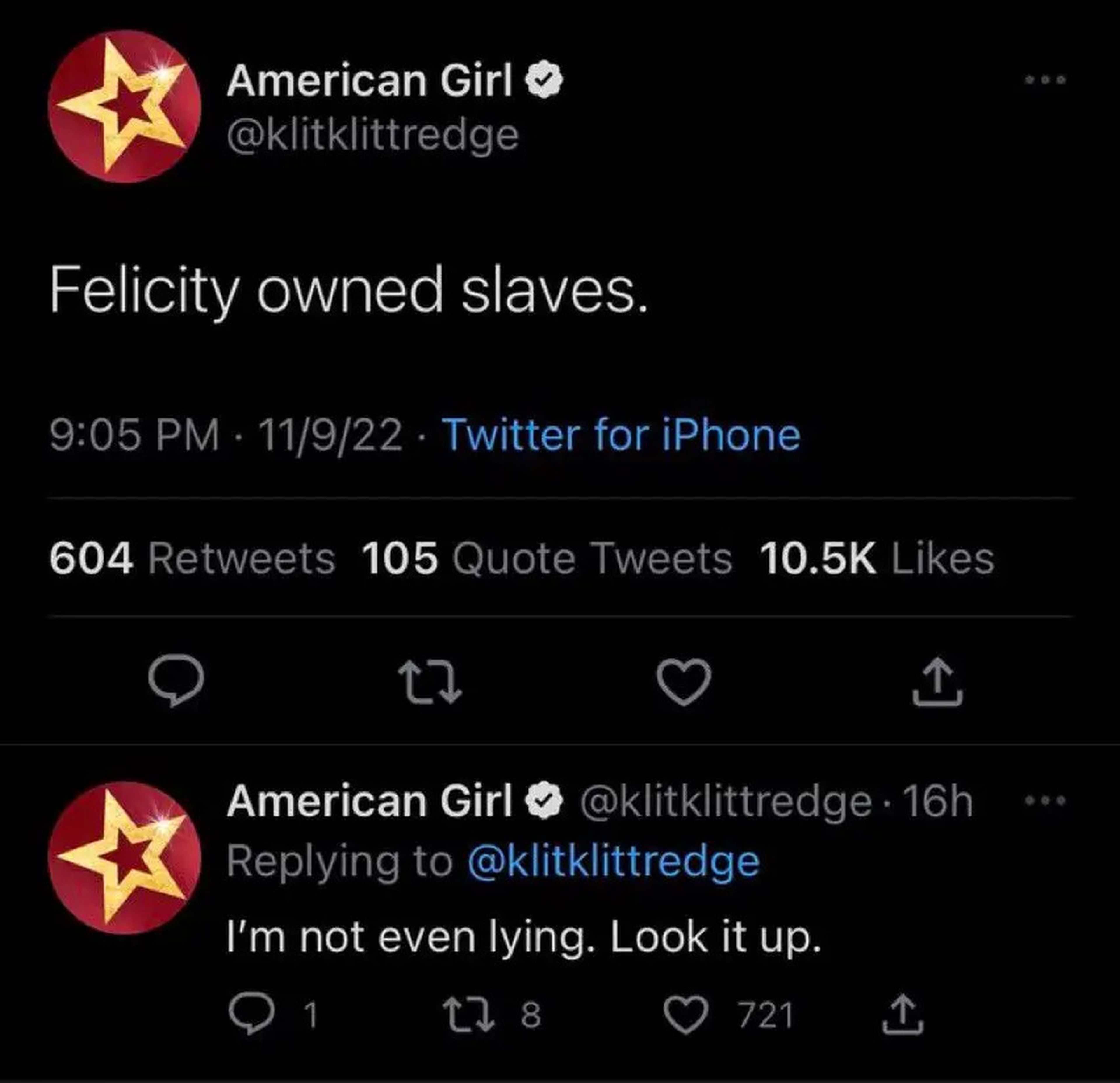Tweet impersonating toy brand American Girl.