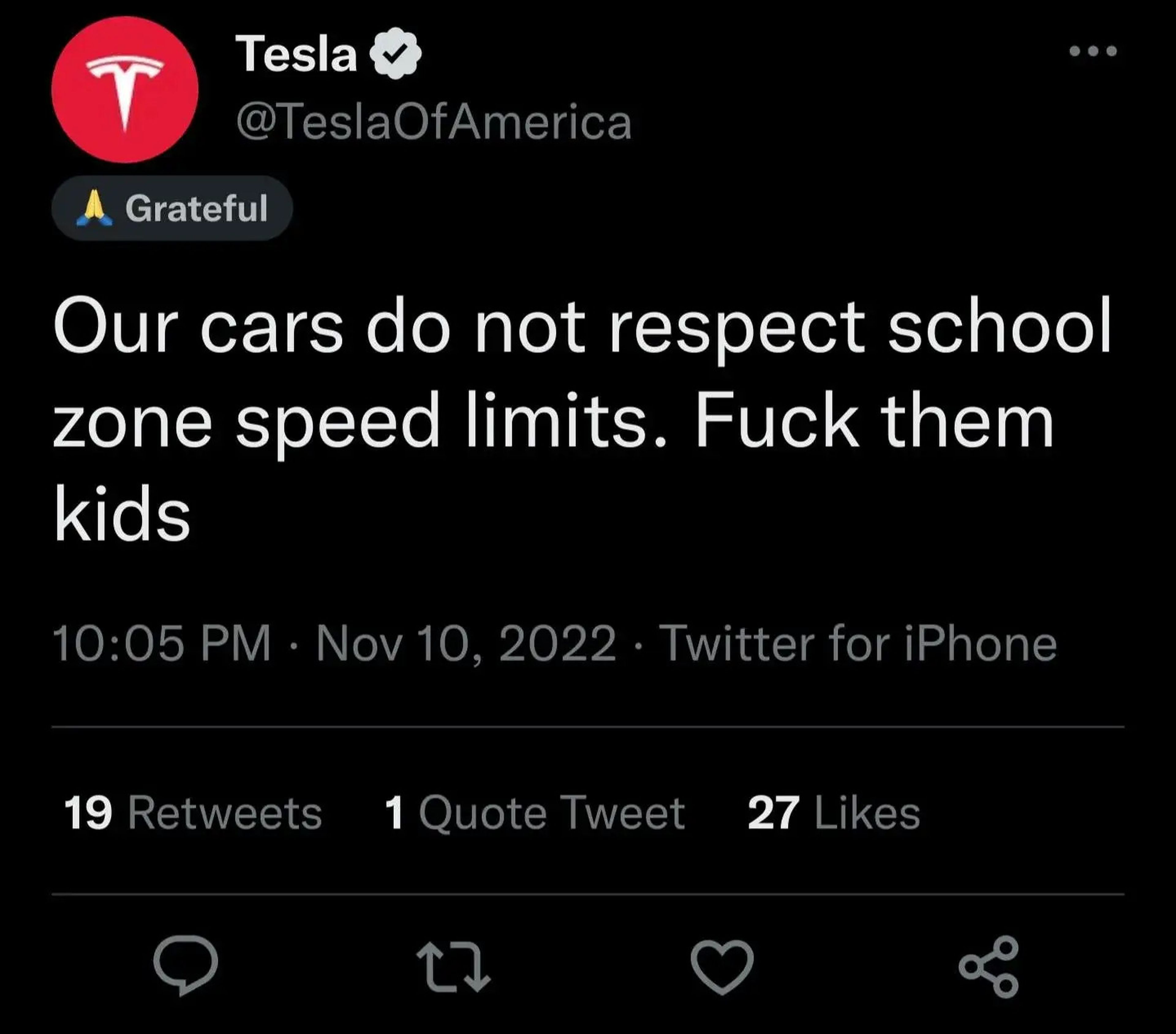 Tweet from Tesla Impersonator
