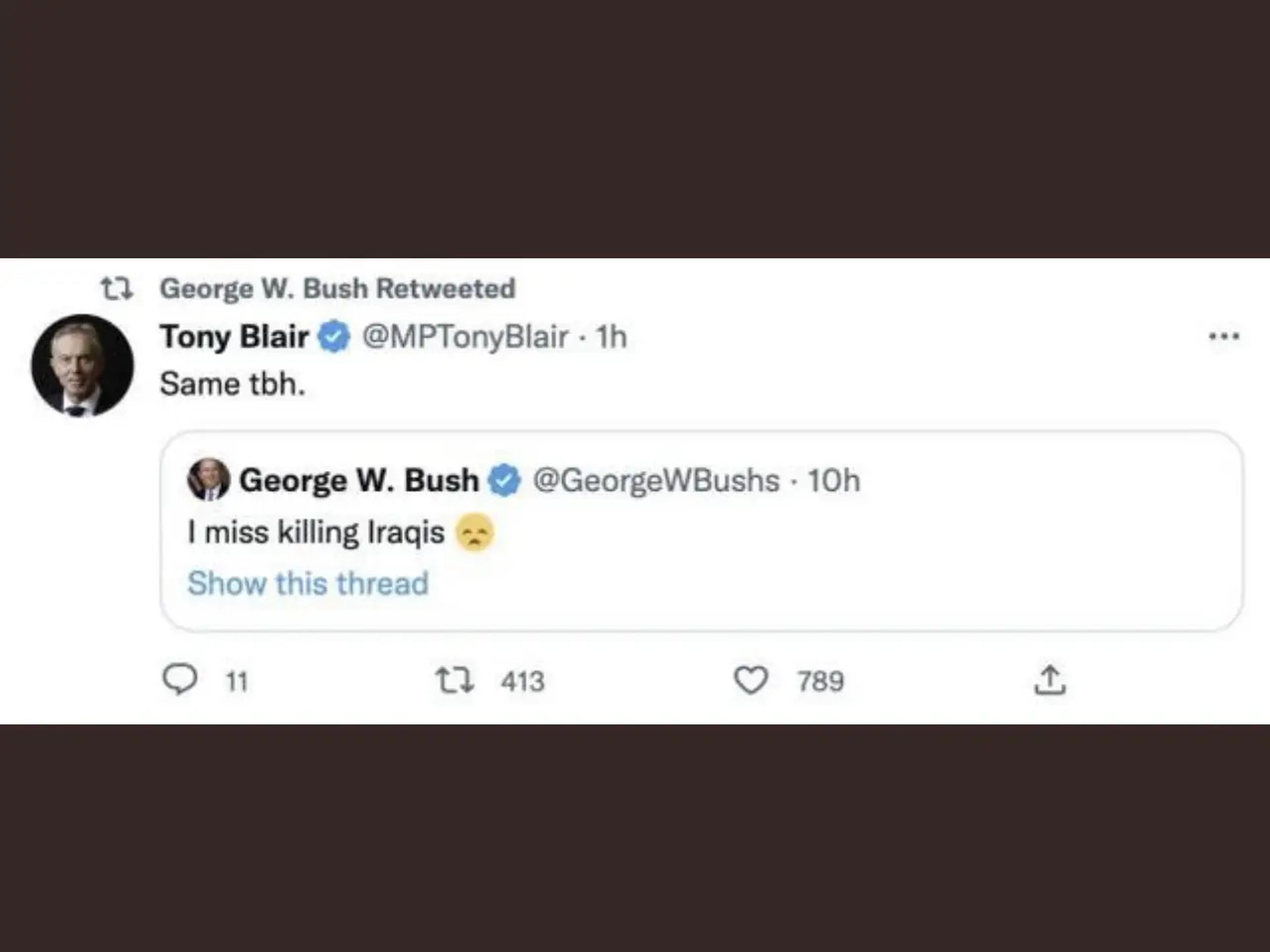 Tweets from Tony Blair and George Bush impersonators
