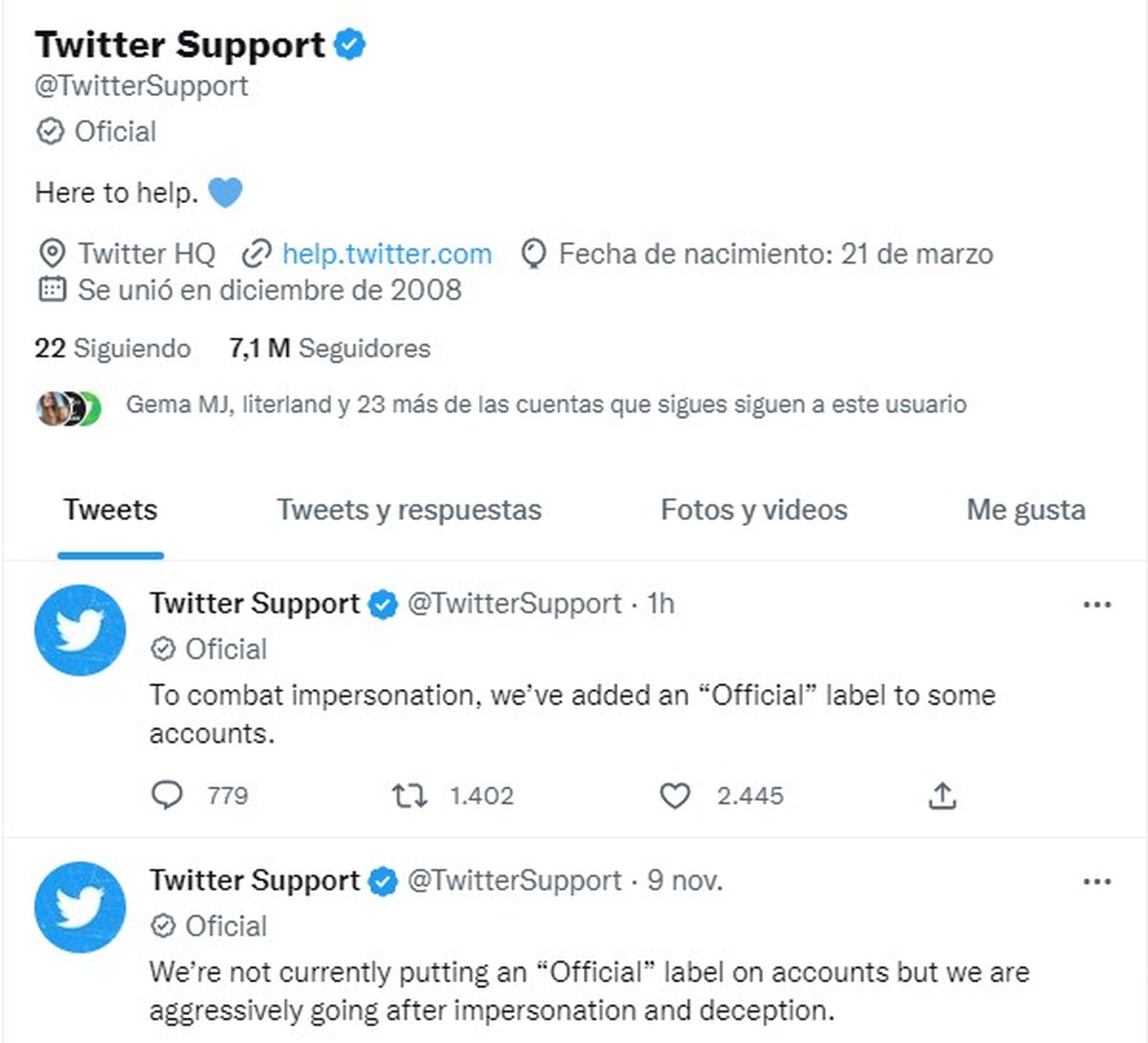 Twitter Support, anuncio sobre etiqueta oficial gris
