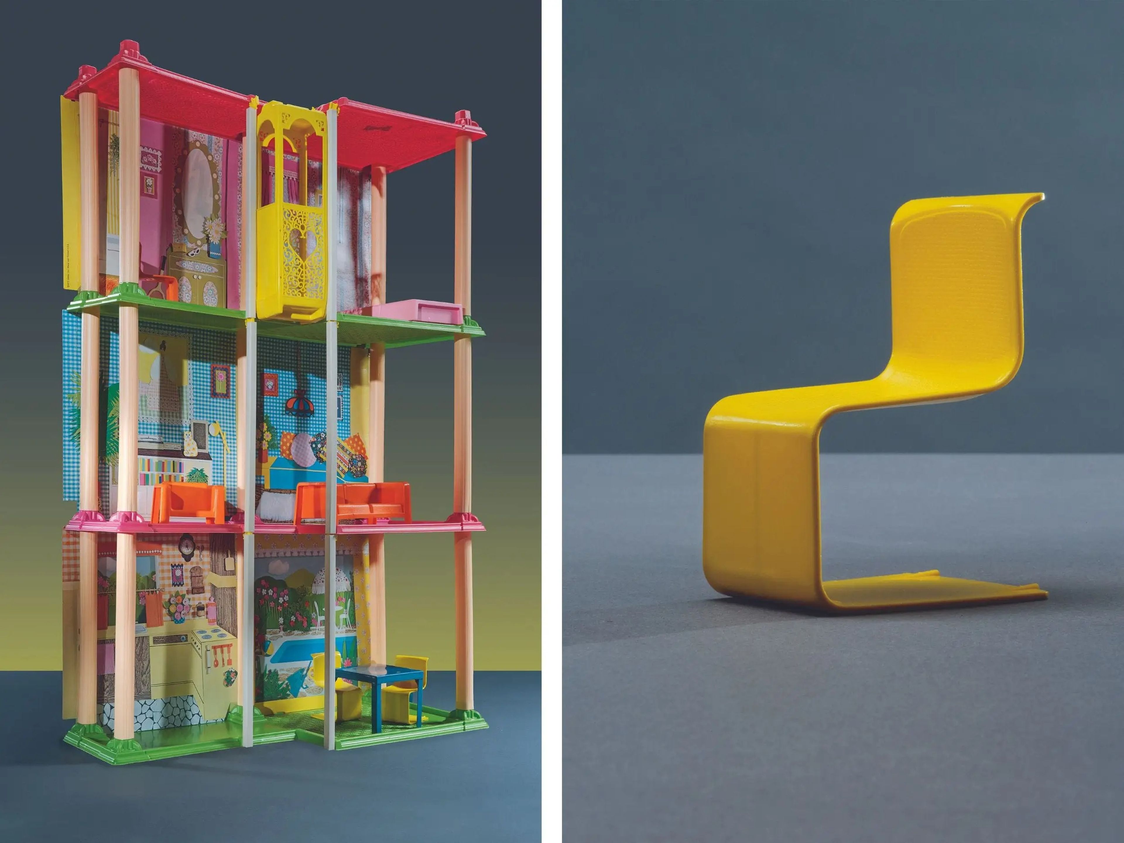 Los muebles de Barbie Townhouse de 1974, a la izquierda, tienen una silla de comedor amarilla que imita las líneas de la silla 'Cesca' del famoso arquitecto Marcel Breuer.