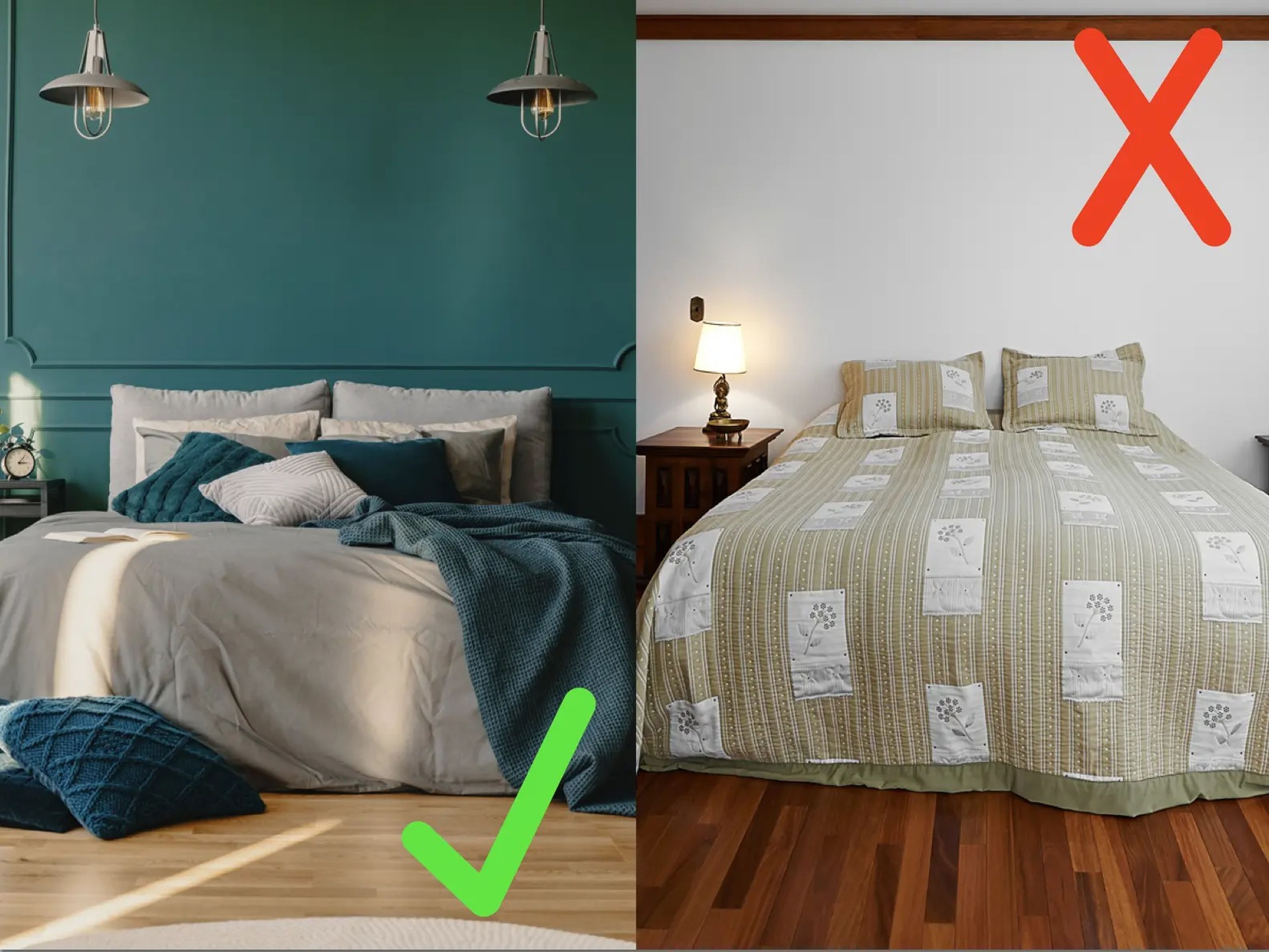 Bedroom with green wall, throw, and pillows and a checkmark; Bedroom with bare wooden floors and red X