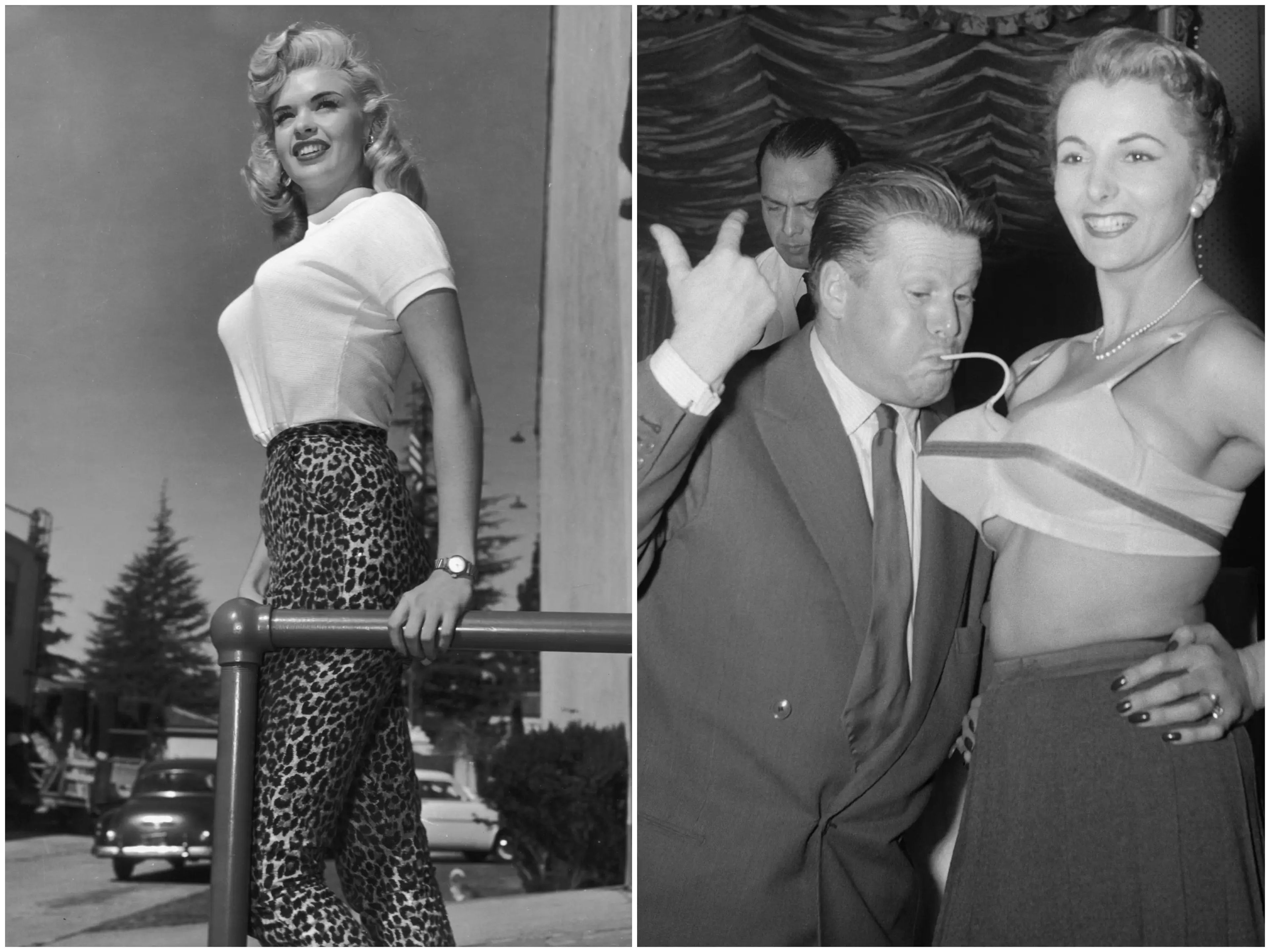 Jayne Mansfield en 1955; El actor Jacques Angelvin muestra un sostén push-up inflable por primera vez en Francia alrededor de 1952.