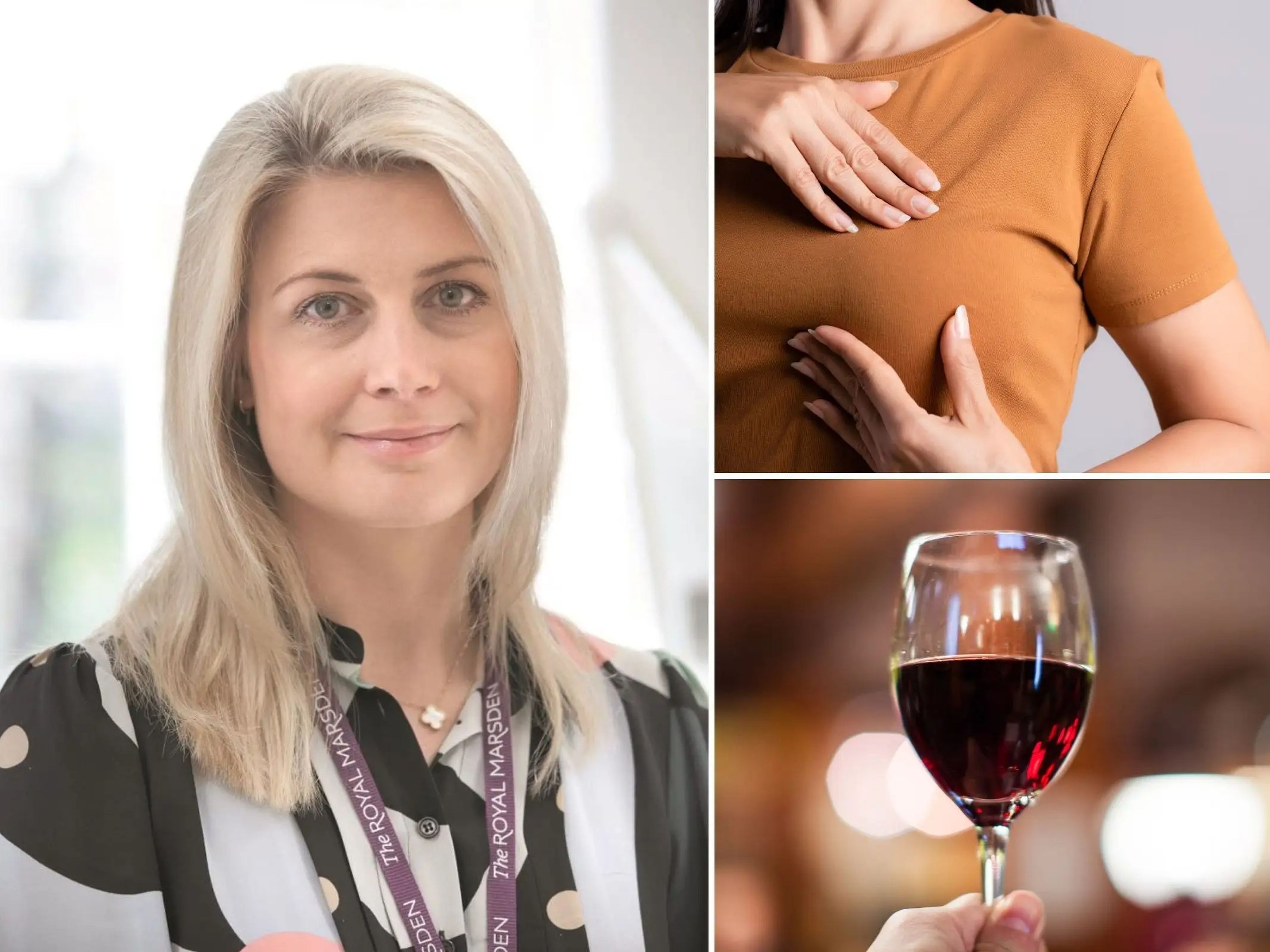 A breast cancer specialist split image with breast self check and a glass of wine.