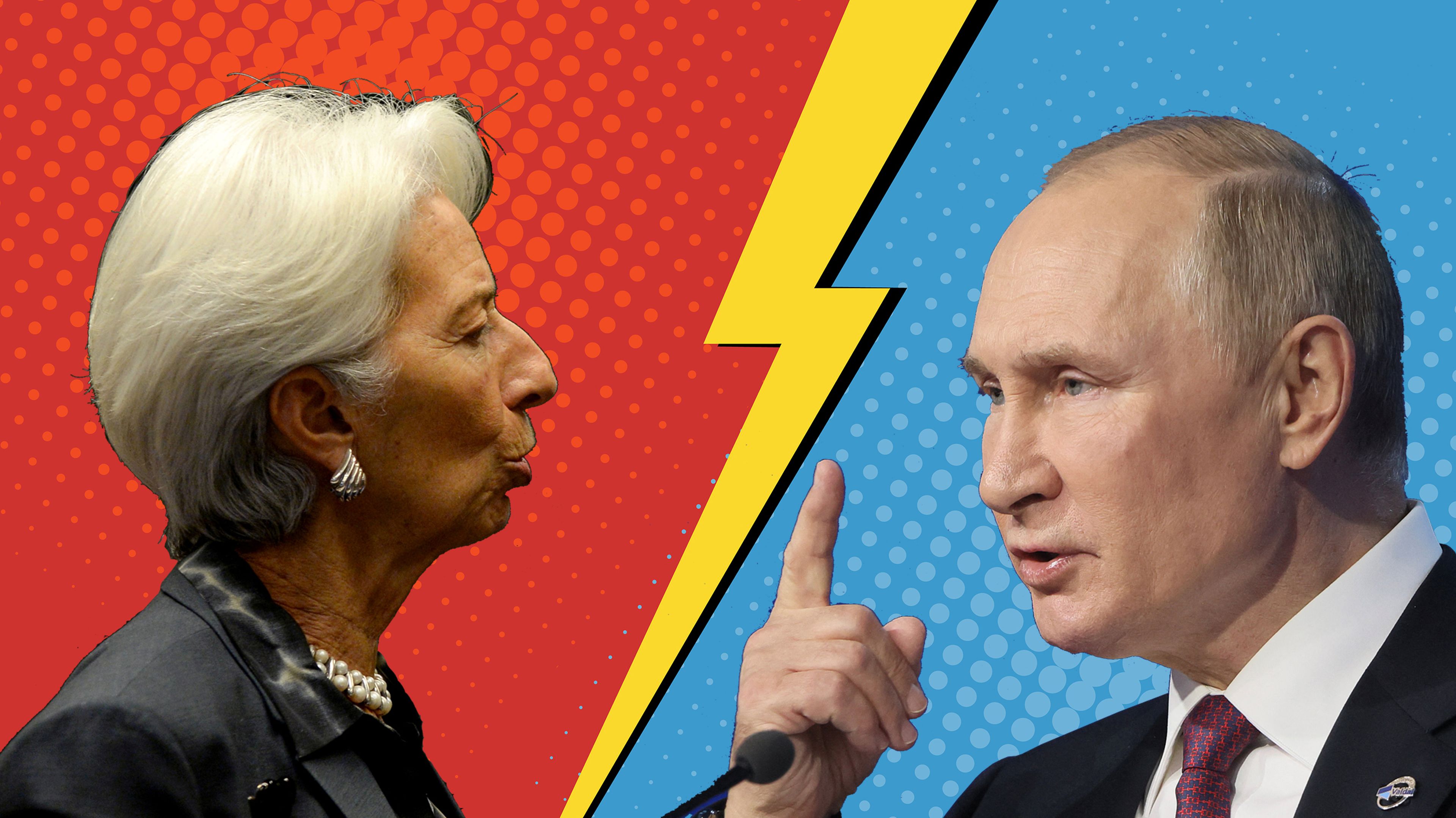 Christine Lagarde, presidenta del Banco Central Europeo, y Vladímir Putin, presidente de Rusia.