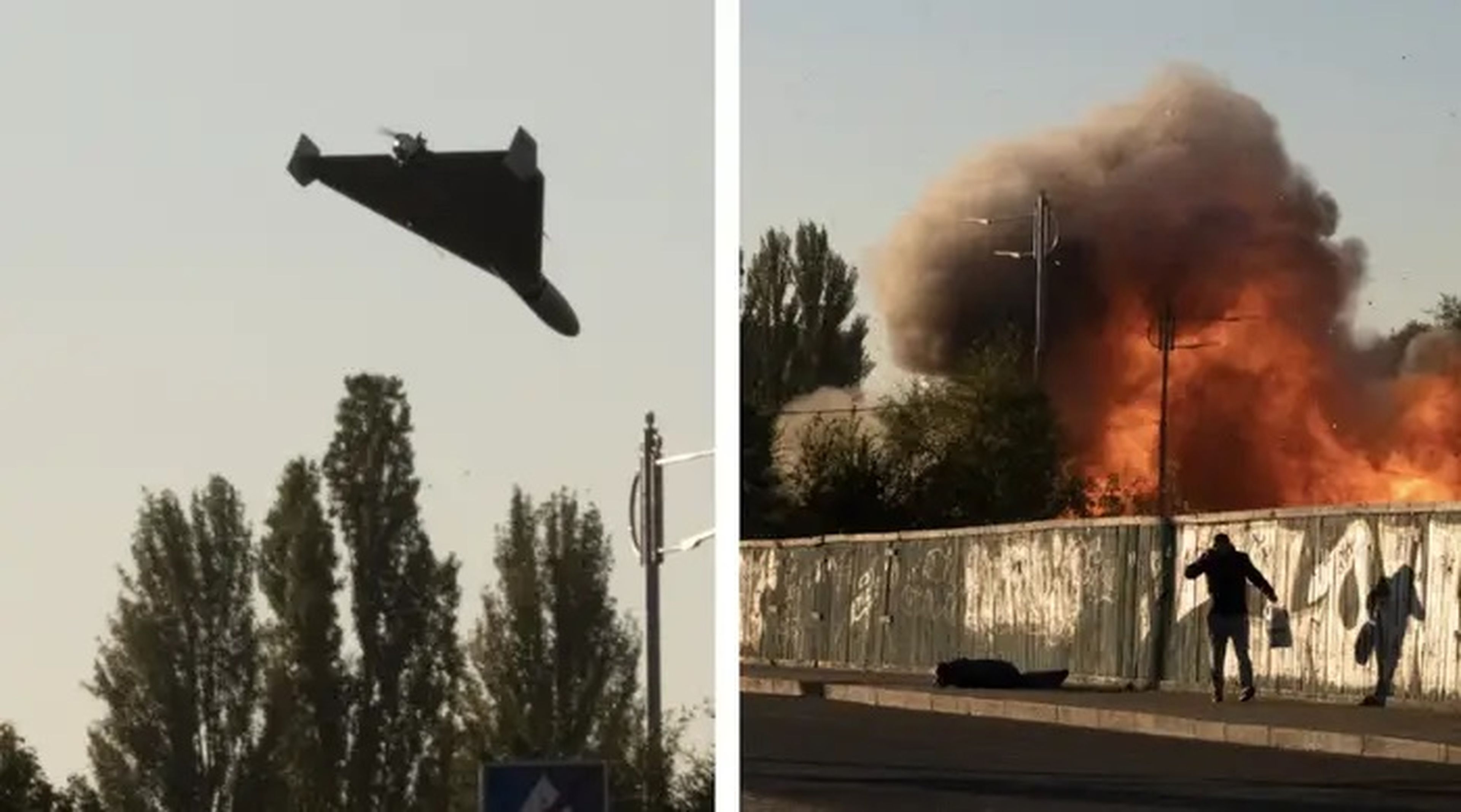 Imagen compuesta que muestra un dron iraní en el cielo y las secuelas de un ataque sobre Kiev el 17 de octubre de 2022.