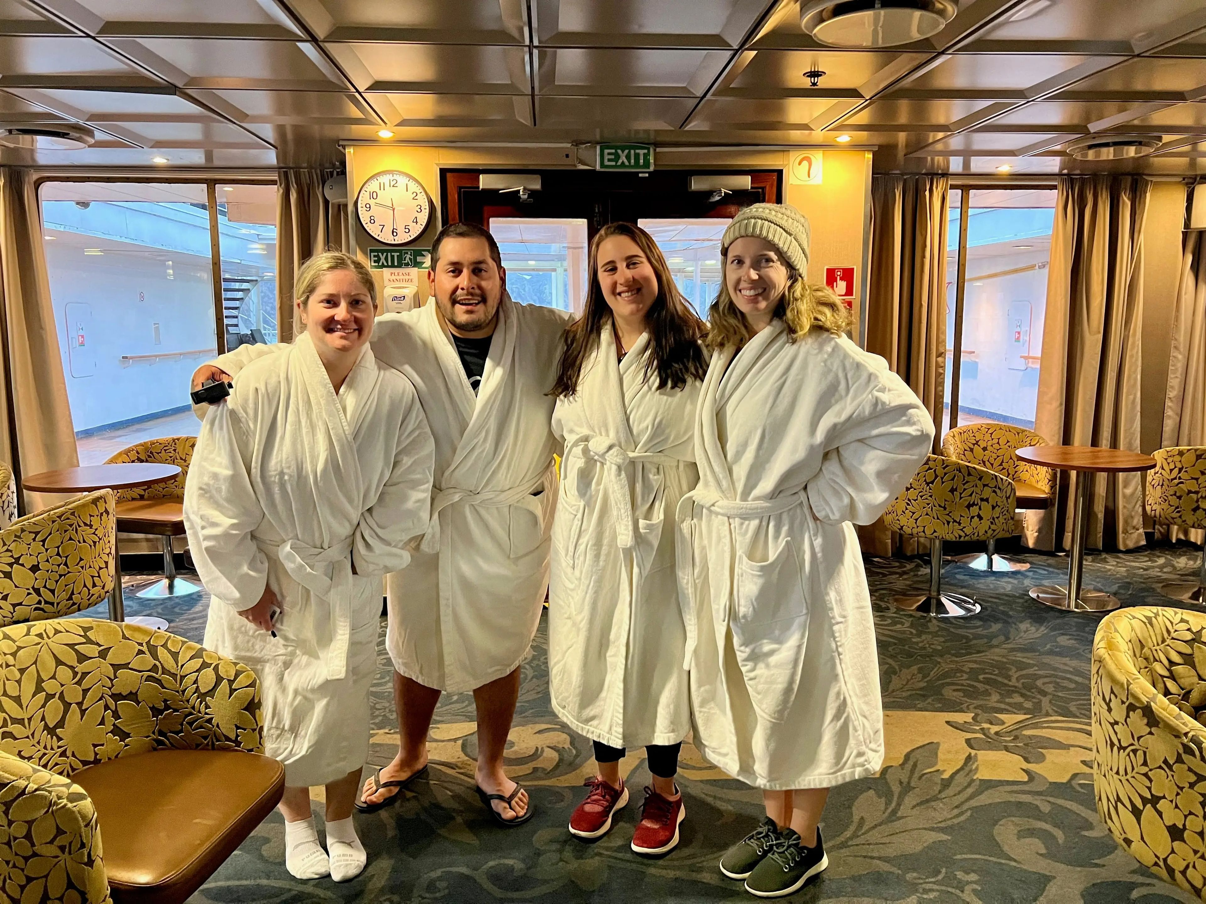 A few of my Antarctic family friends before the polar plunge in the Nautilus Lounge.