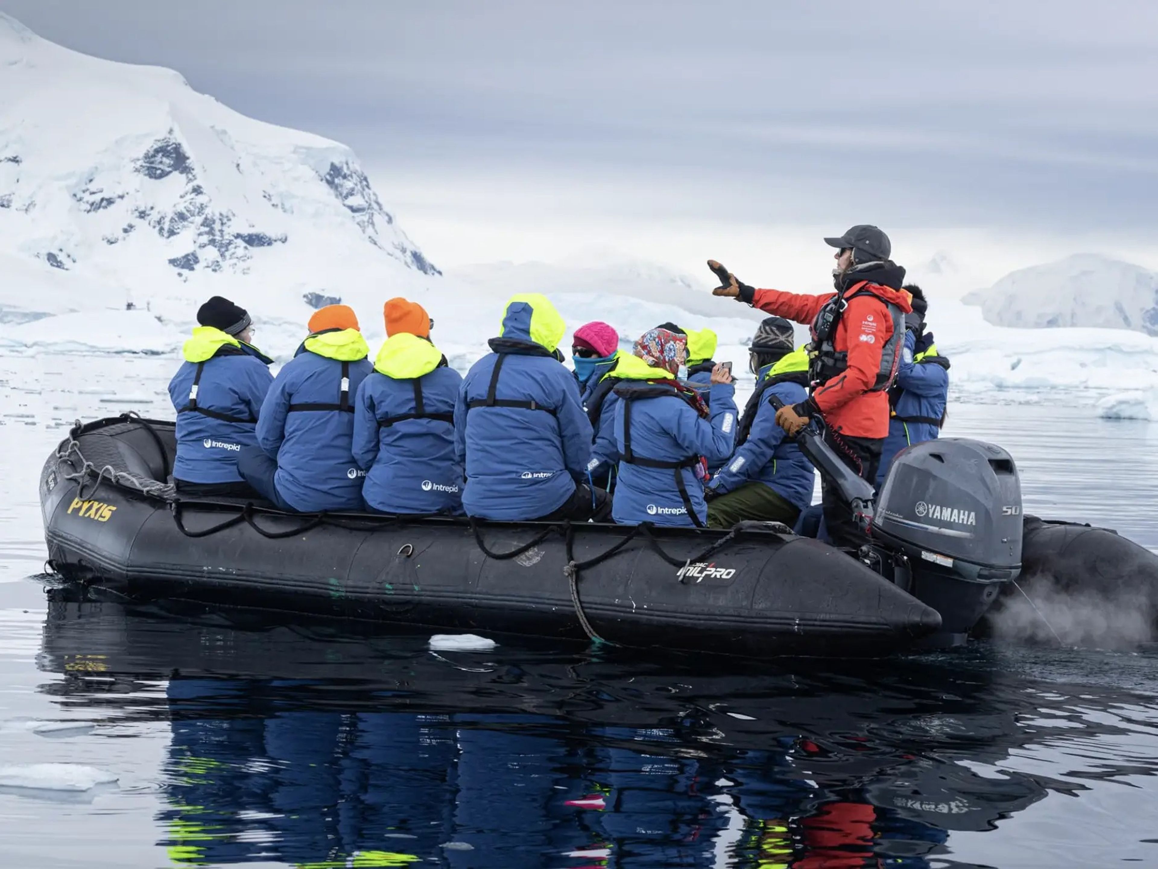 Guests on a zodiac in Antarctica.
