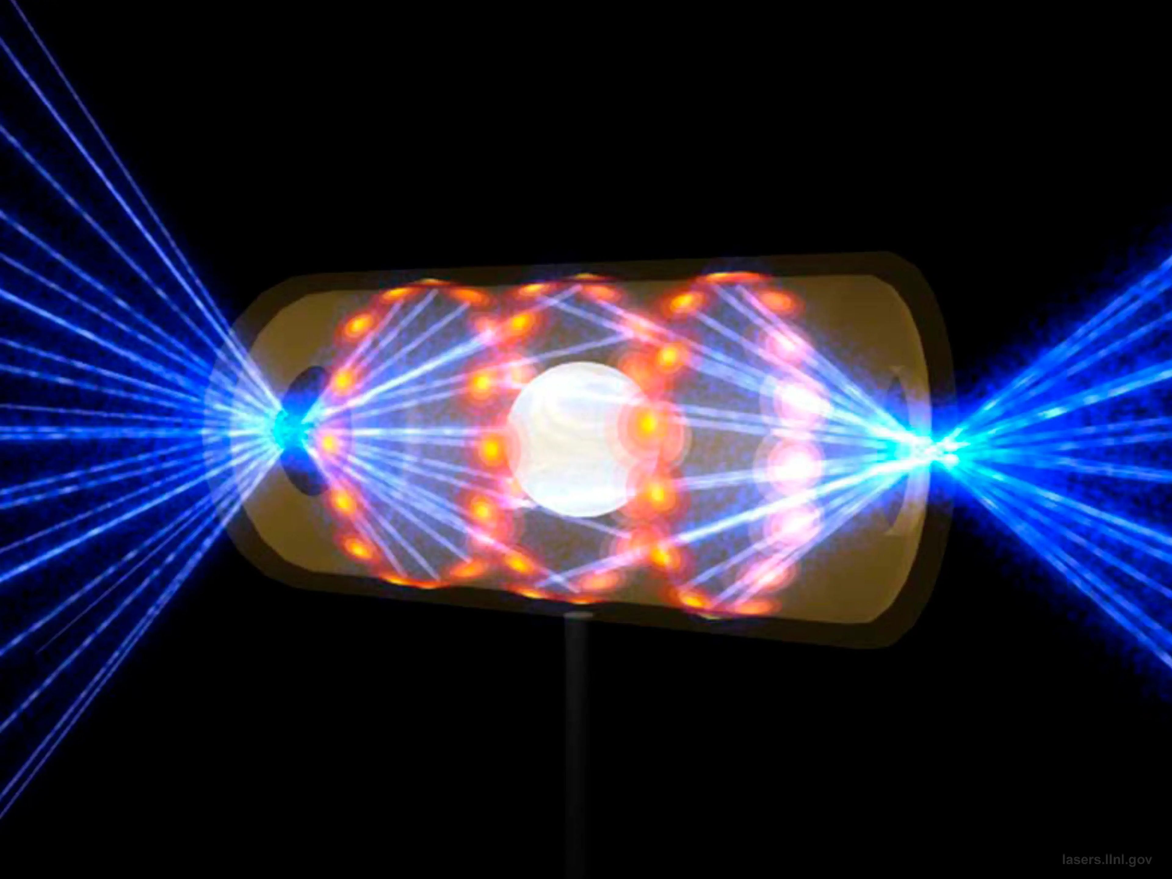 En esta ilustración, se muestra cómo los láseres calientan su objetivo a las condiciones necesarias para que se dé la fusión nuclear.