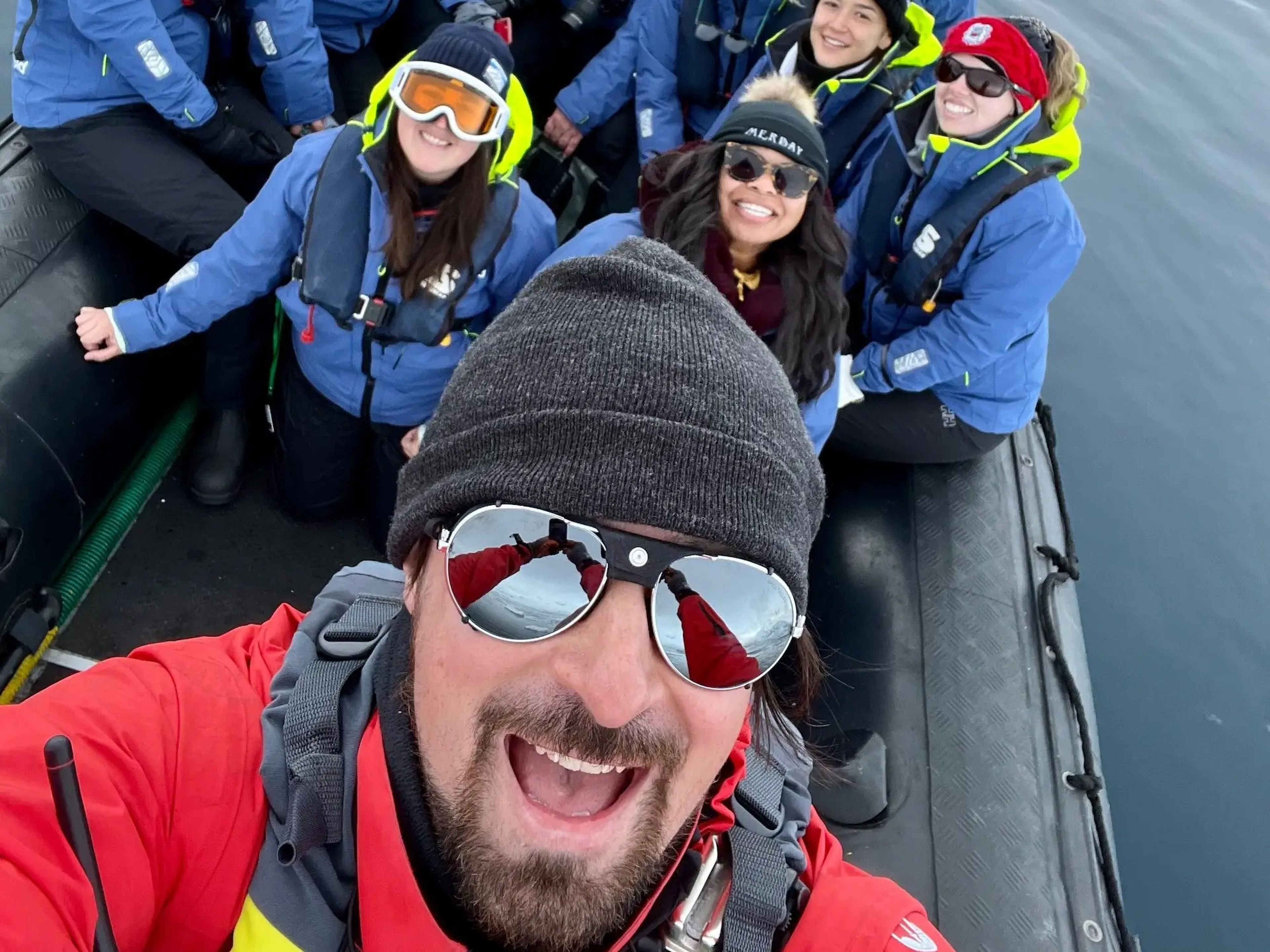 A selfie on the zodiac with one of our guides, Andrew.