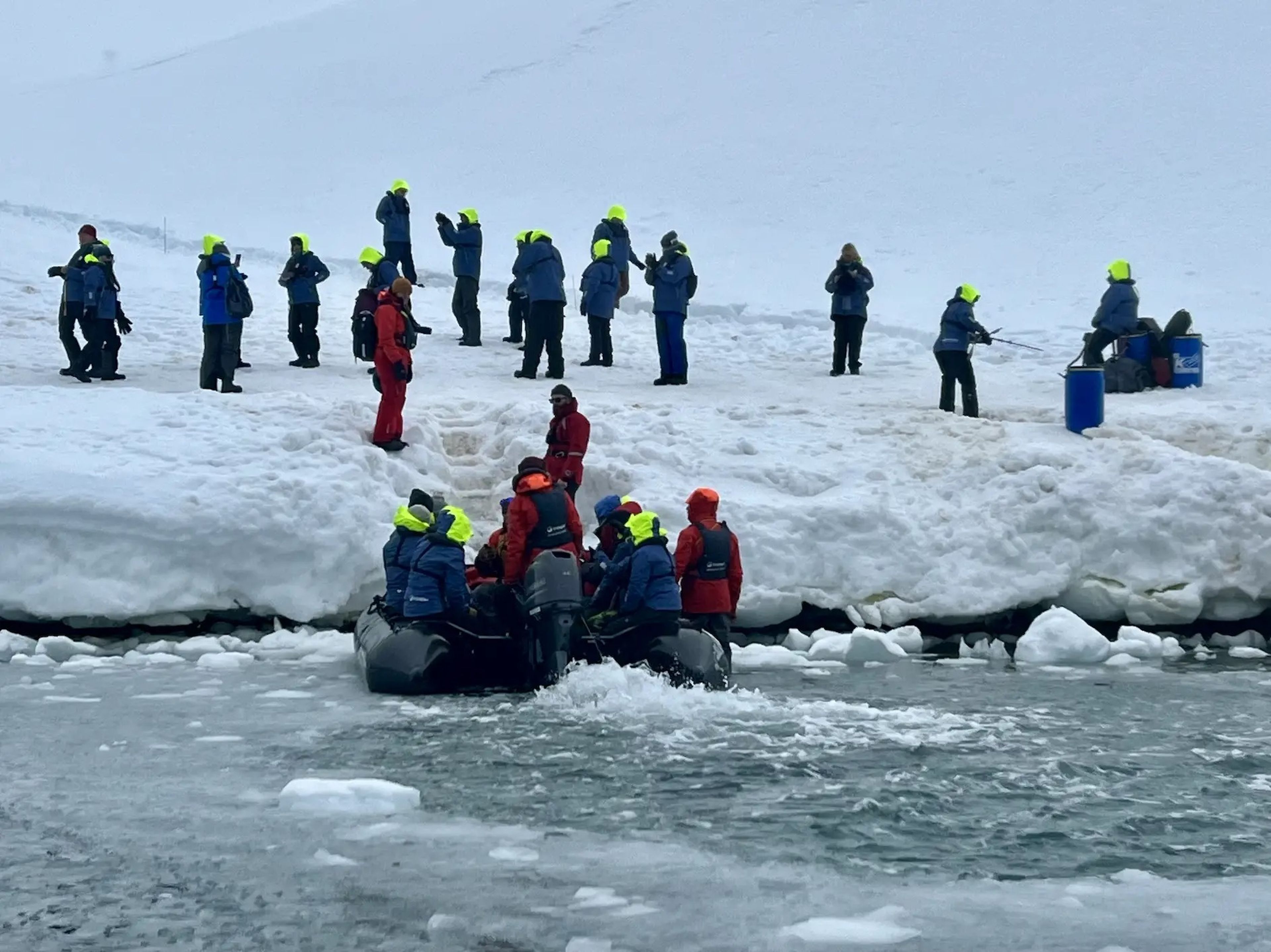 Turistas pisando la Antártida en el primer punto de desembarco de la excursión.