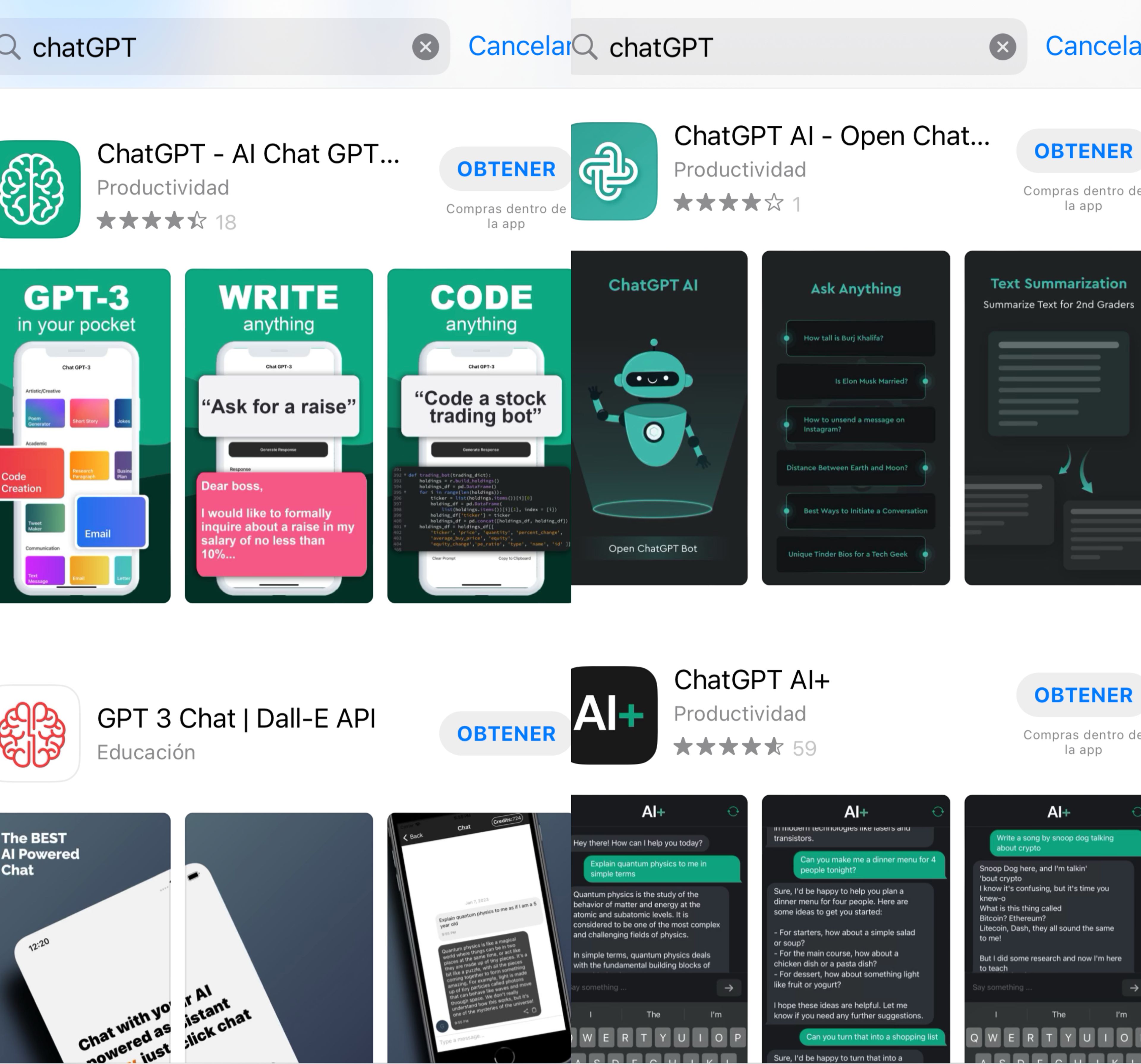 Algunos resultados de la búsqueda "ChatGPT" en la App Store de Apple.