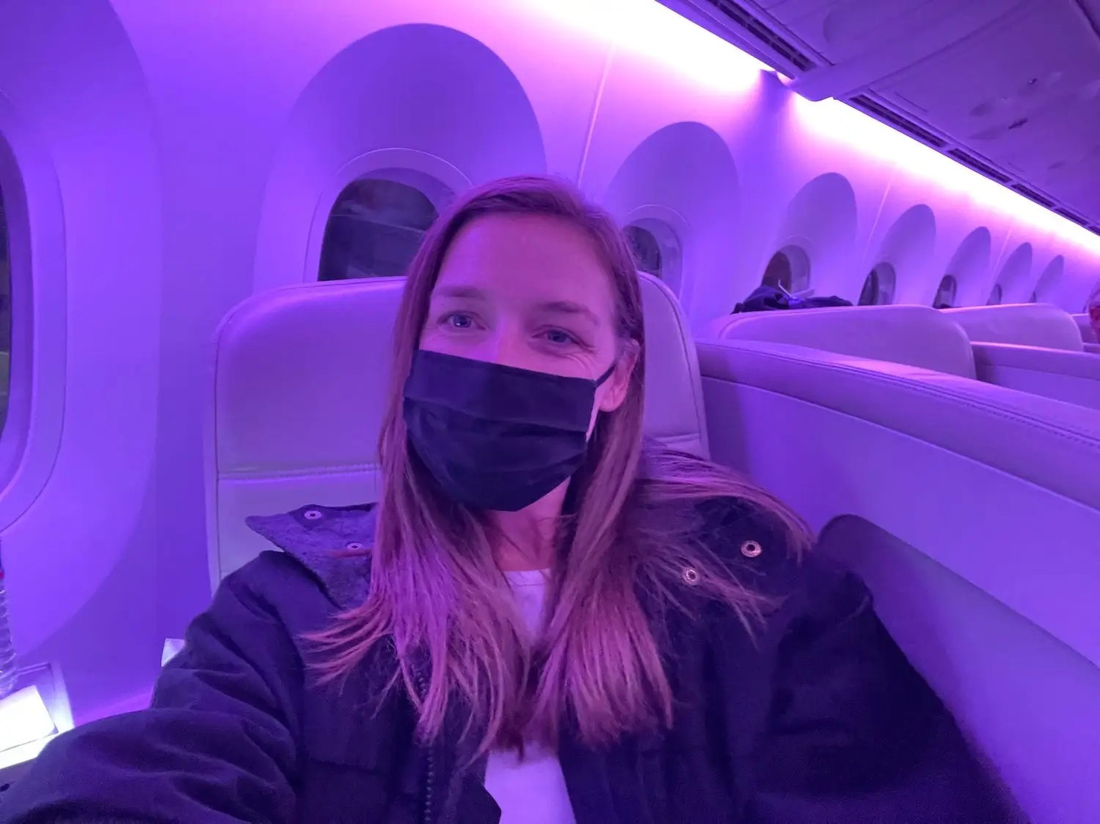 The author in her business-class seat on an Air New Zealand long-haul flight.