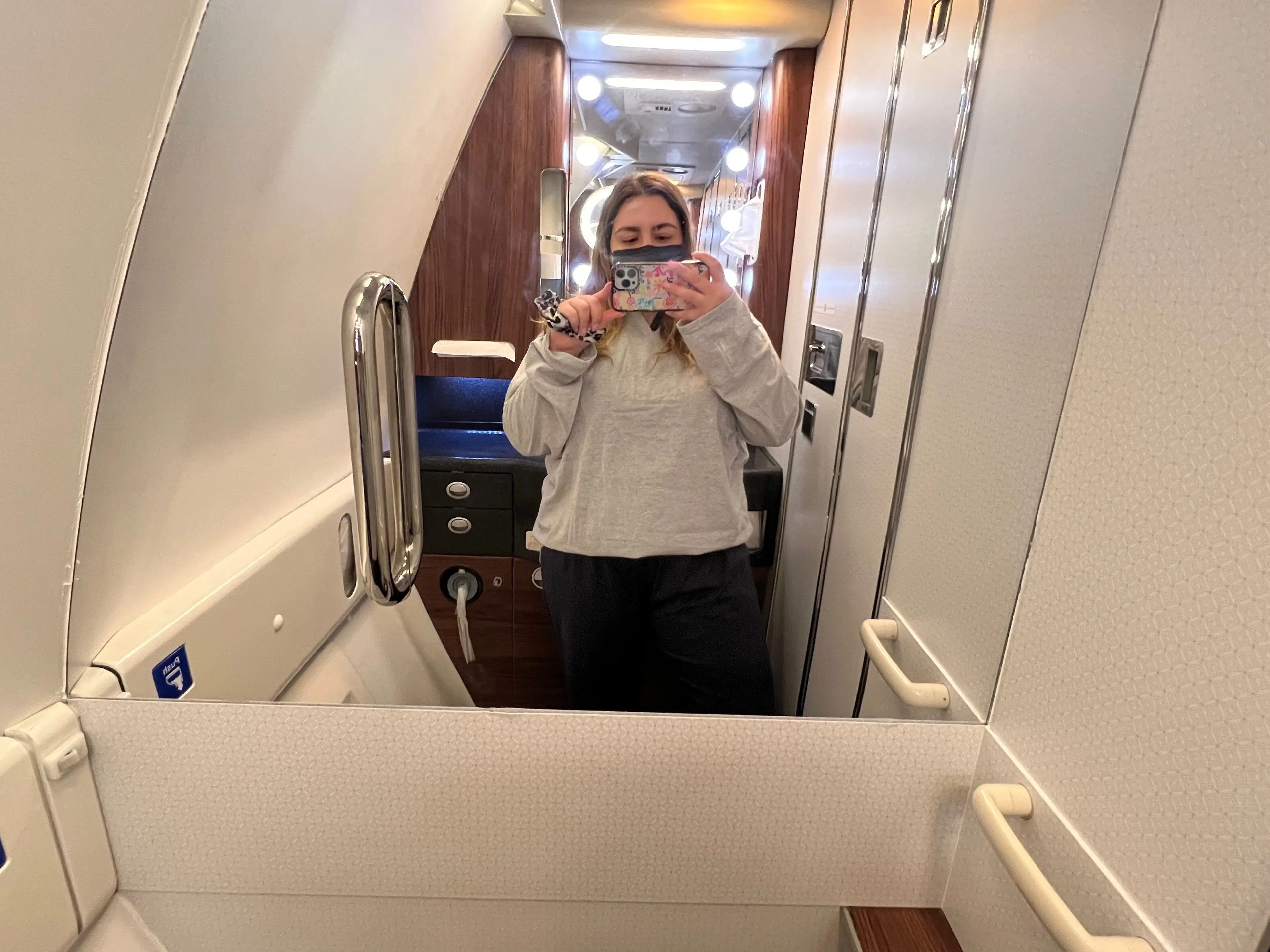 The bathroom on the plane was easily double the size of economy.