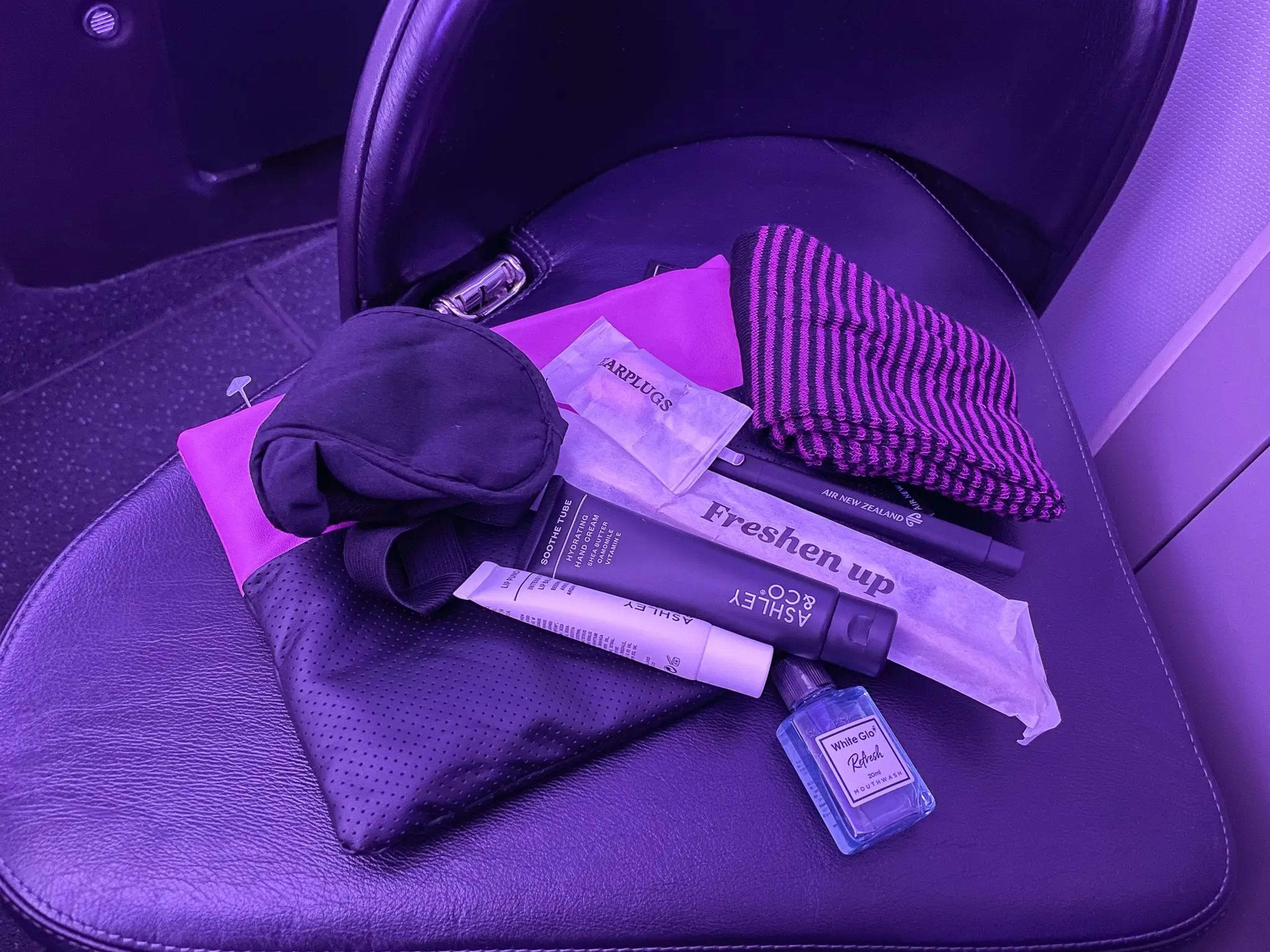Each passenger received a bag of toiletries on the flight.