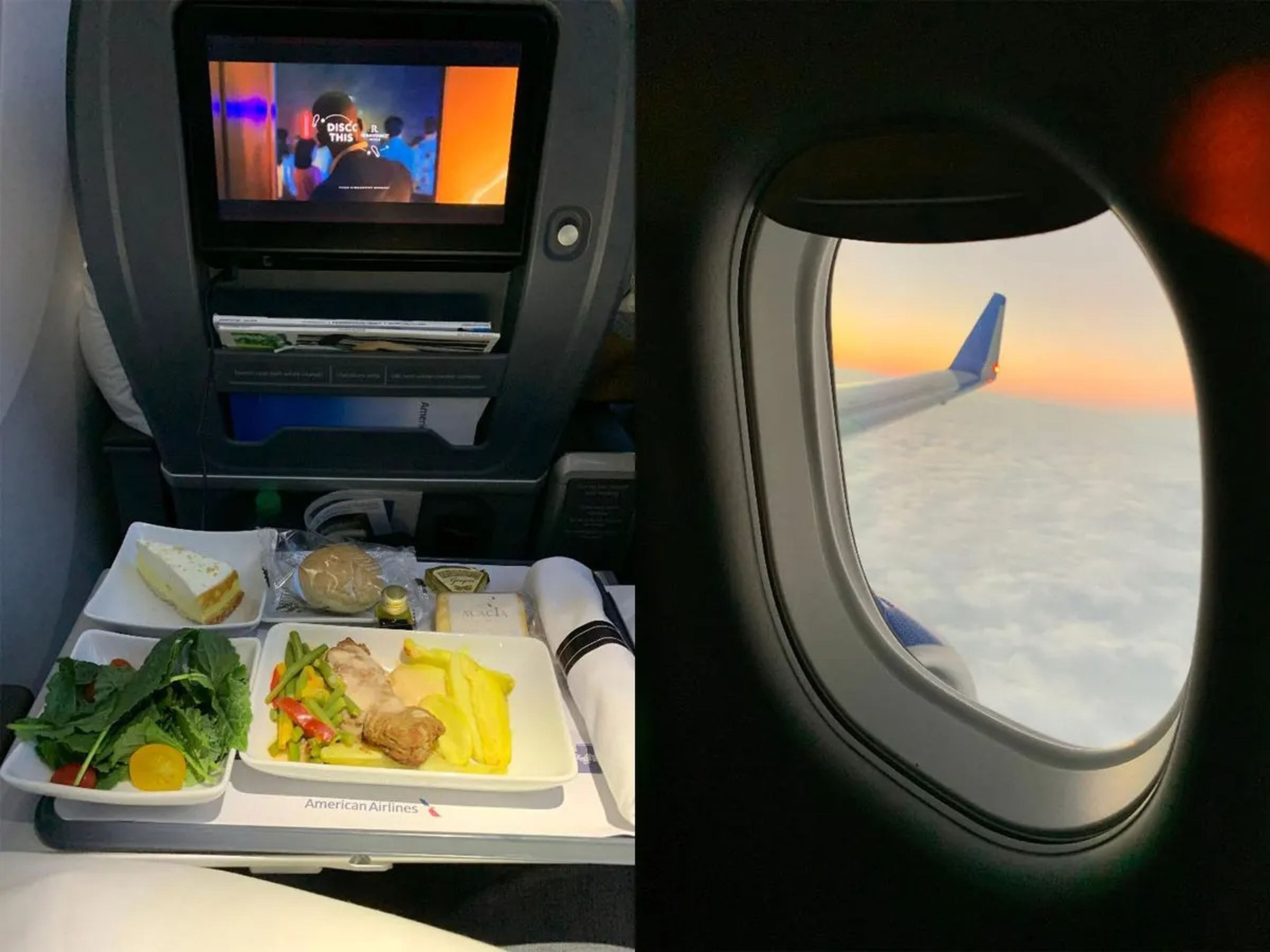 in flight meal (left), open plane window view (right)