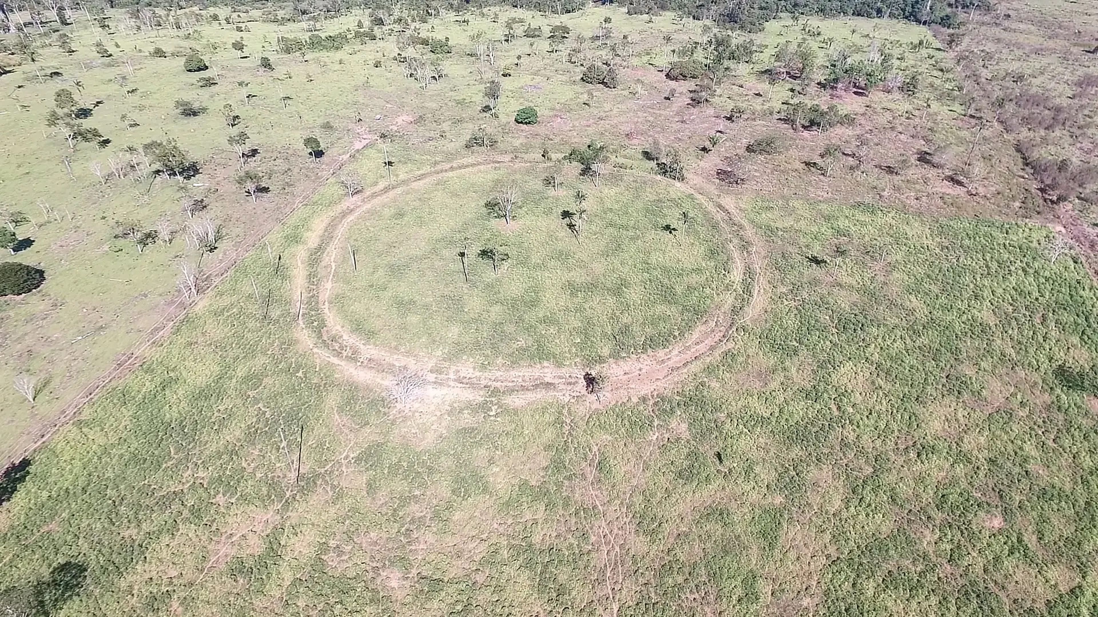 Foto aérea de un montículo de tierra construido hace más de 500 años en el Amazonas.