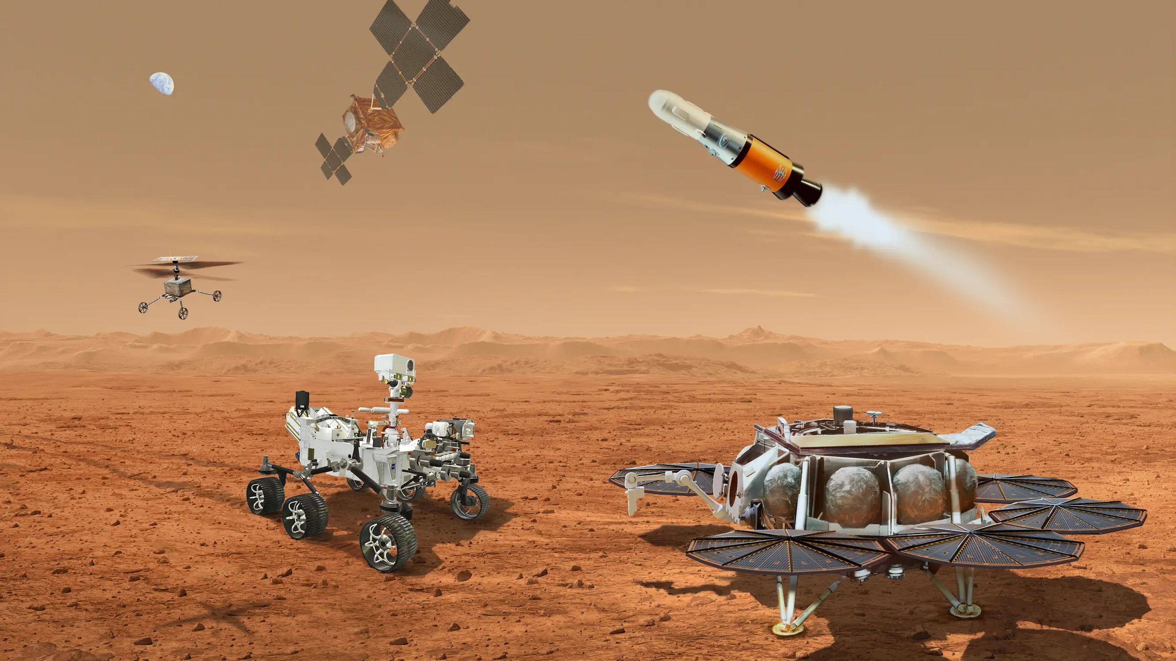 Esta ilustración muestra un concepto de varios robots que se asociarían para transportar a la Tierra muestras de rocas y suelo recogidas en la superficie marciana por el vehículo Mars Perseverance de la NASA.