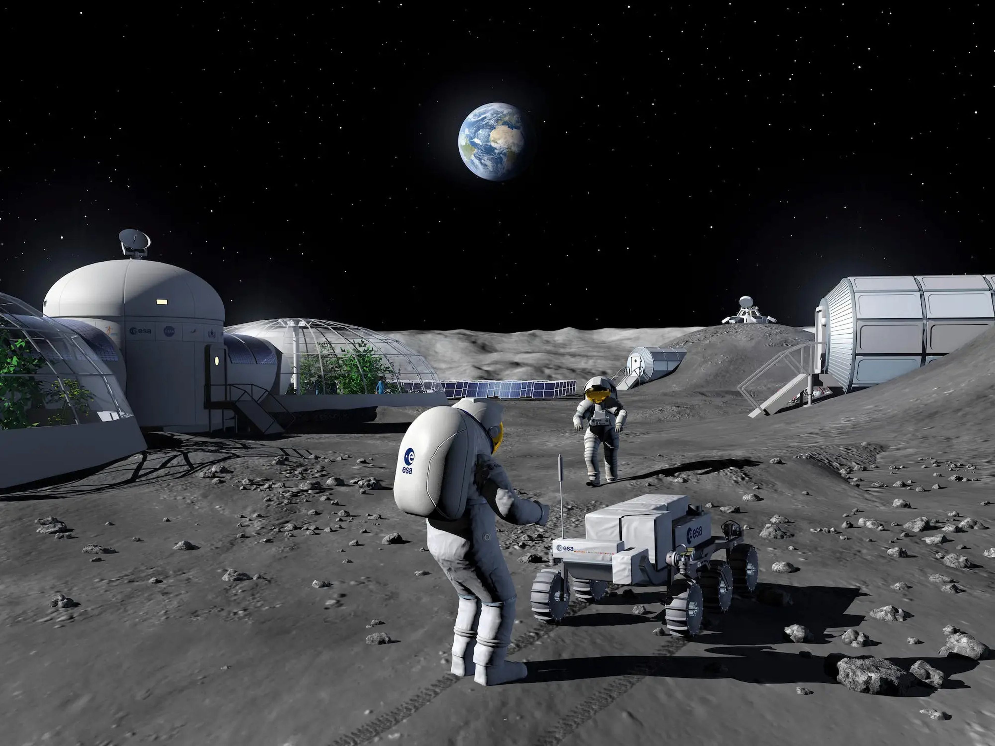 An illustration shows what a lunar base could look like, with astronauts walking around in suits doing tasks and the earth on the horizon.