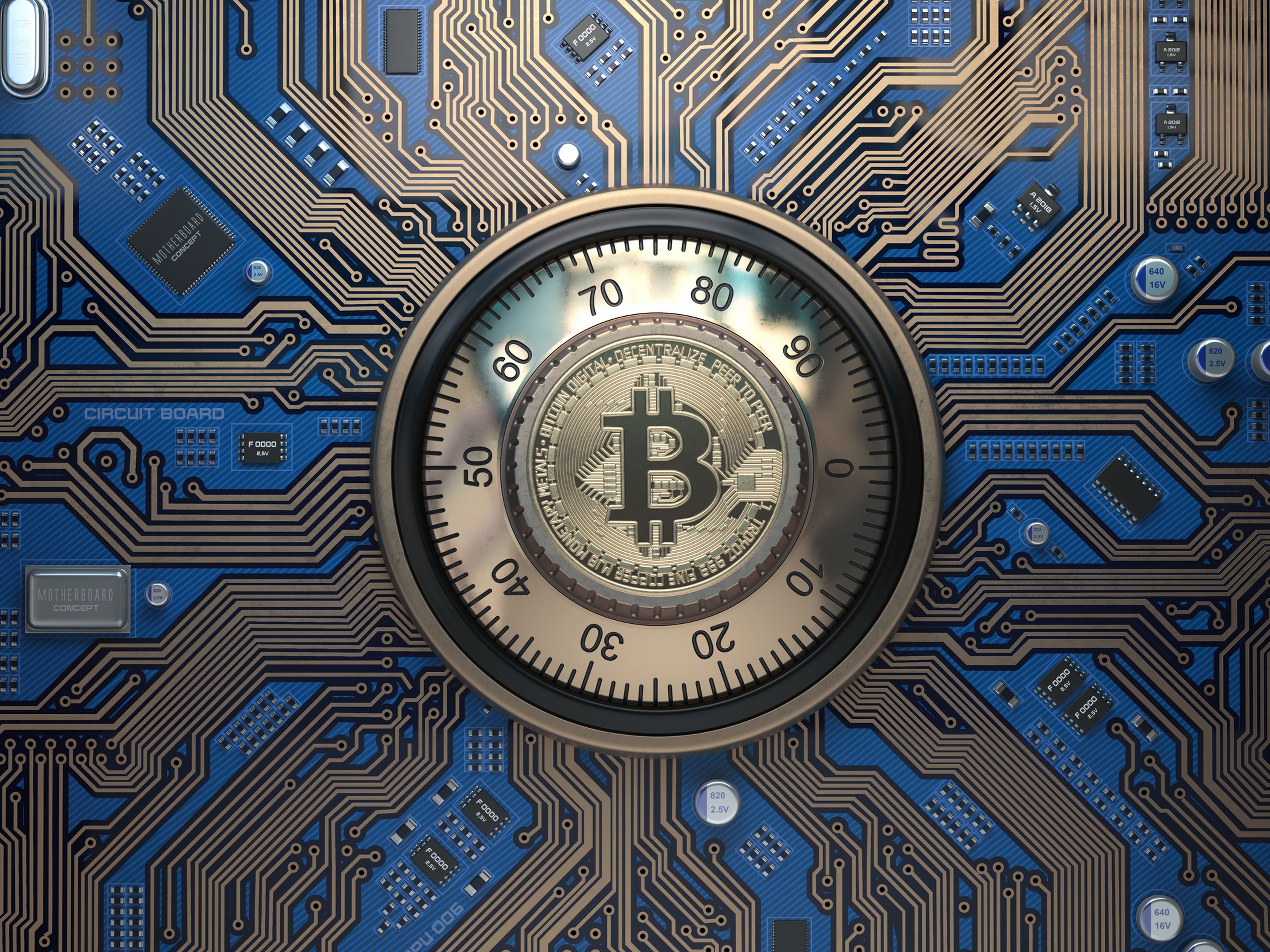 Ilustración de una caja fuerte con el símbolo de bitcoin.