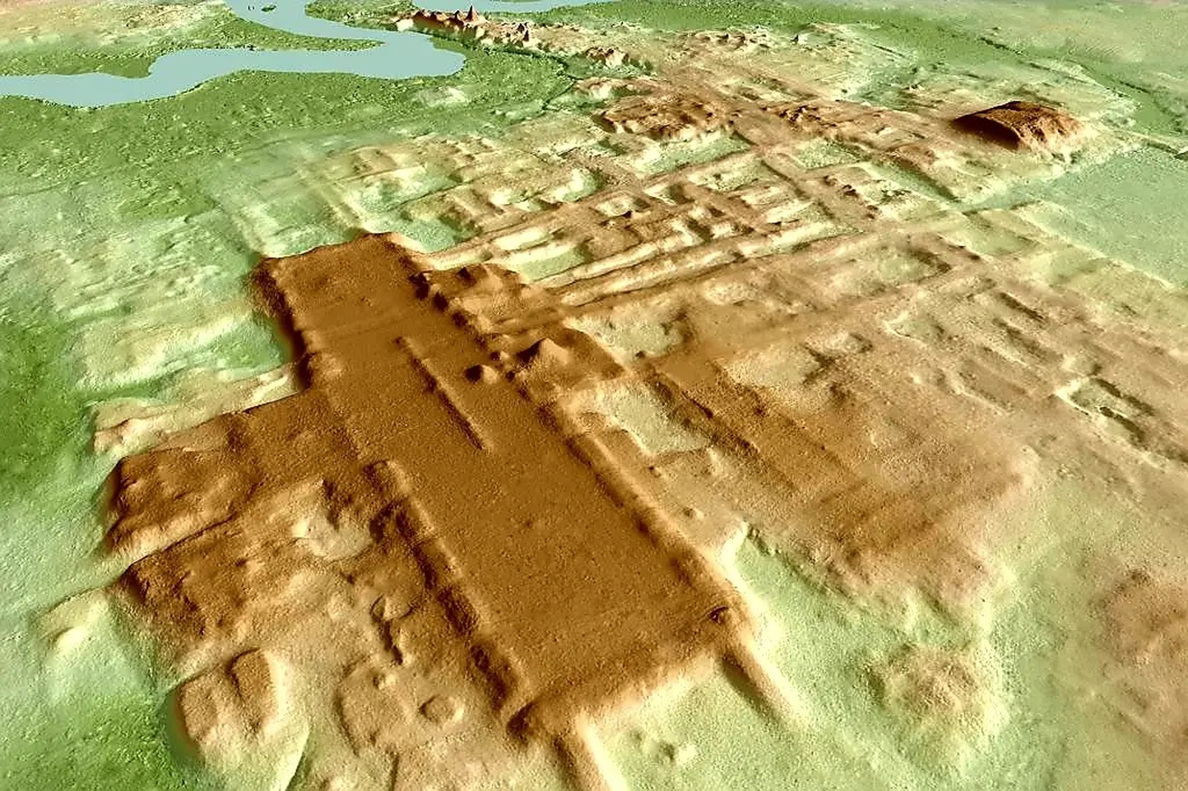 Imagen digital de la ciudad maya de Aguada Fénix, ubicada en el municipio de Balancán, Tabasco, México.