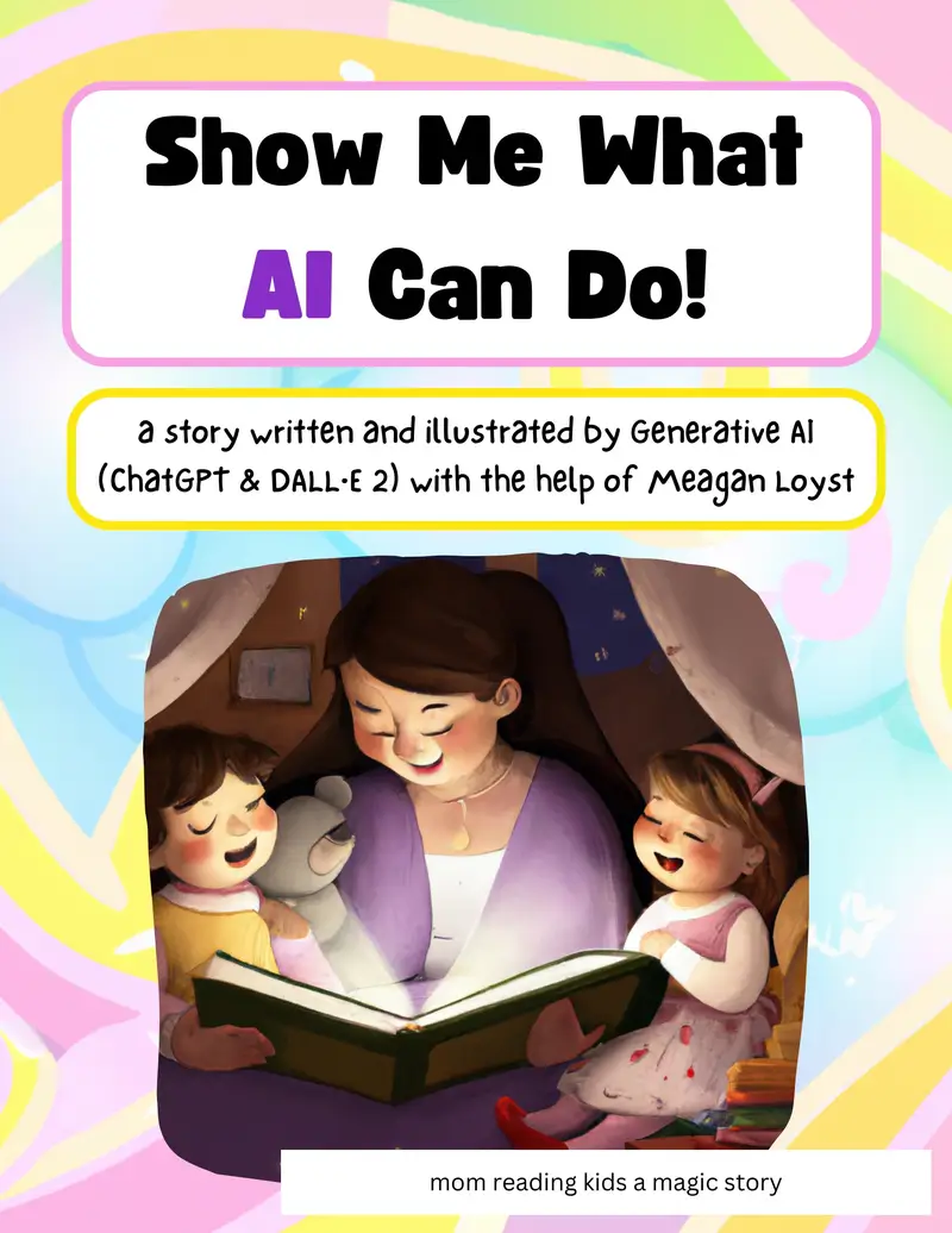 la portada de un libro infantil titulado 'Show me what AI can do' con una madre y 2 niños leyendo un cuento.