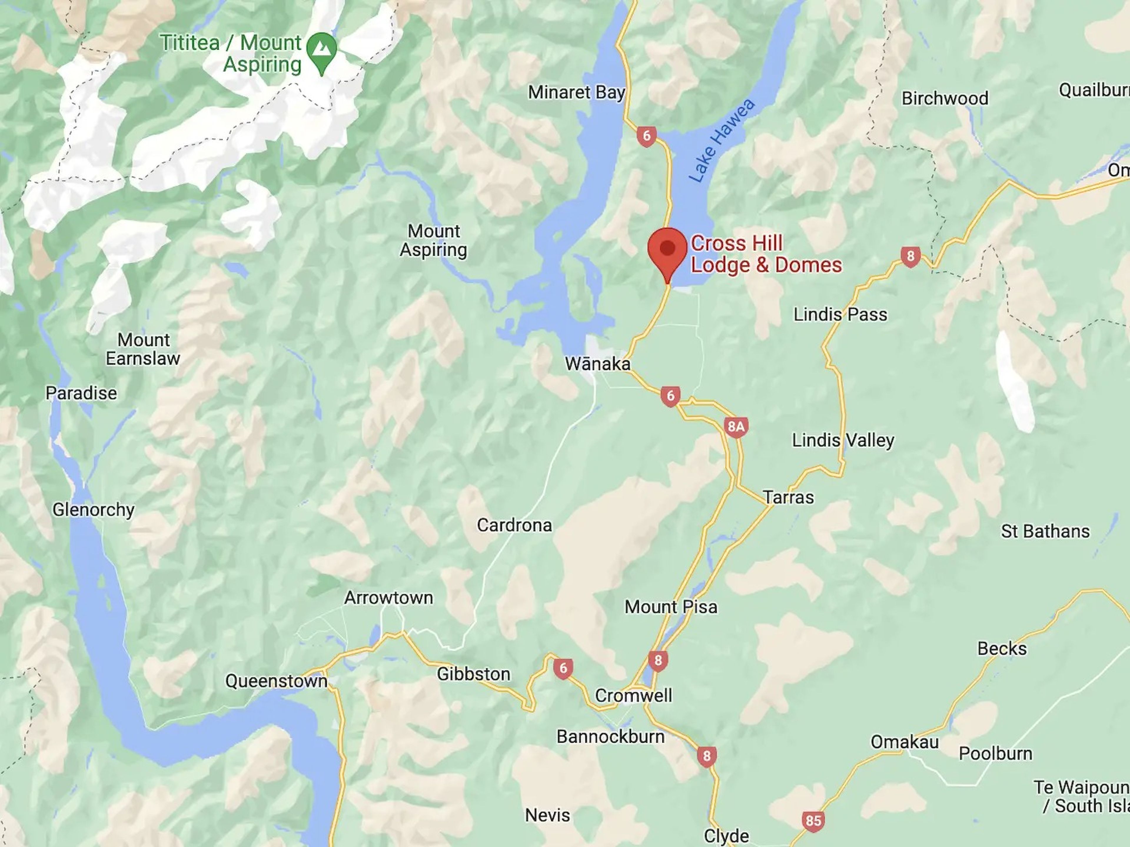 Un mapa de Cross Hill Lodge and Domes en Nueva Zelanda.