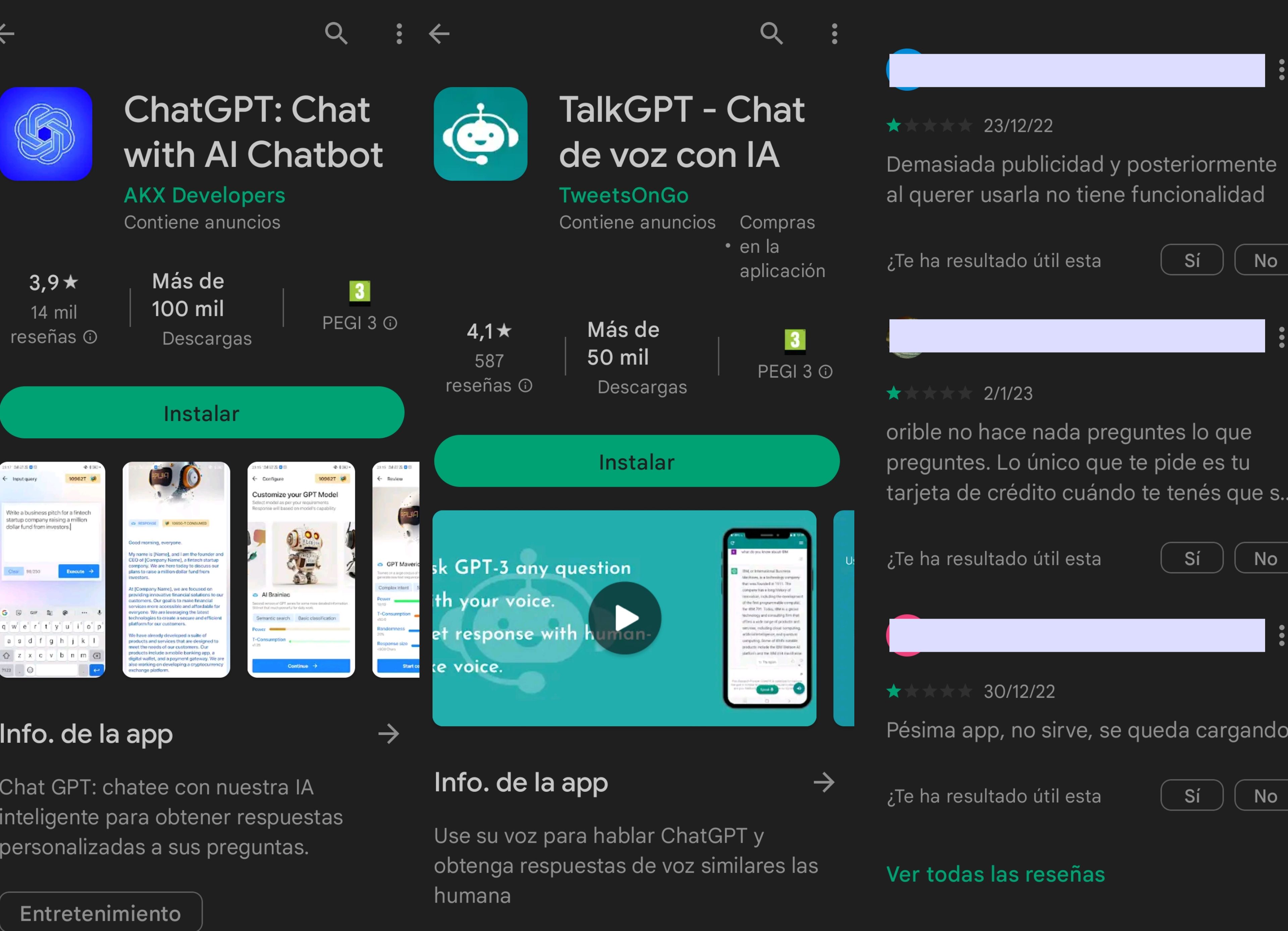 Resultados de la búsqueda "ChatGPT" en la Play Store y comentarios de algunos usuarios.
