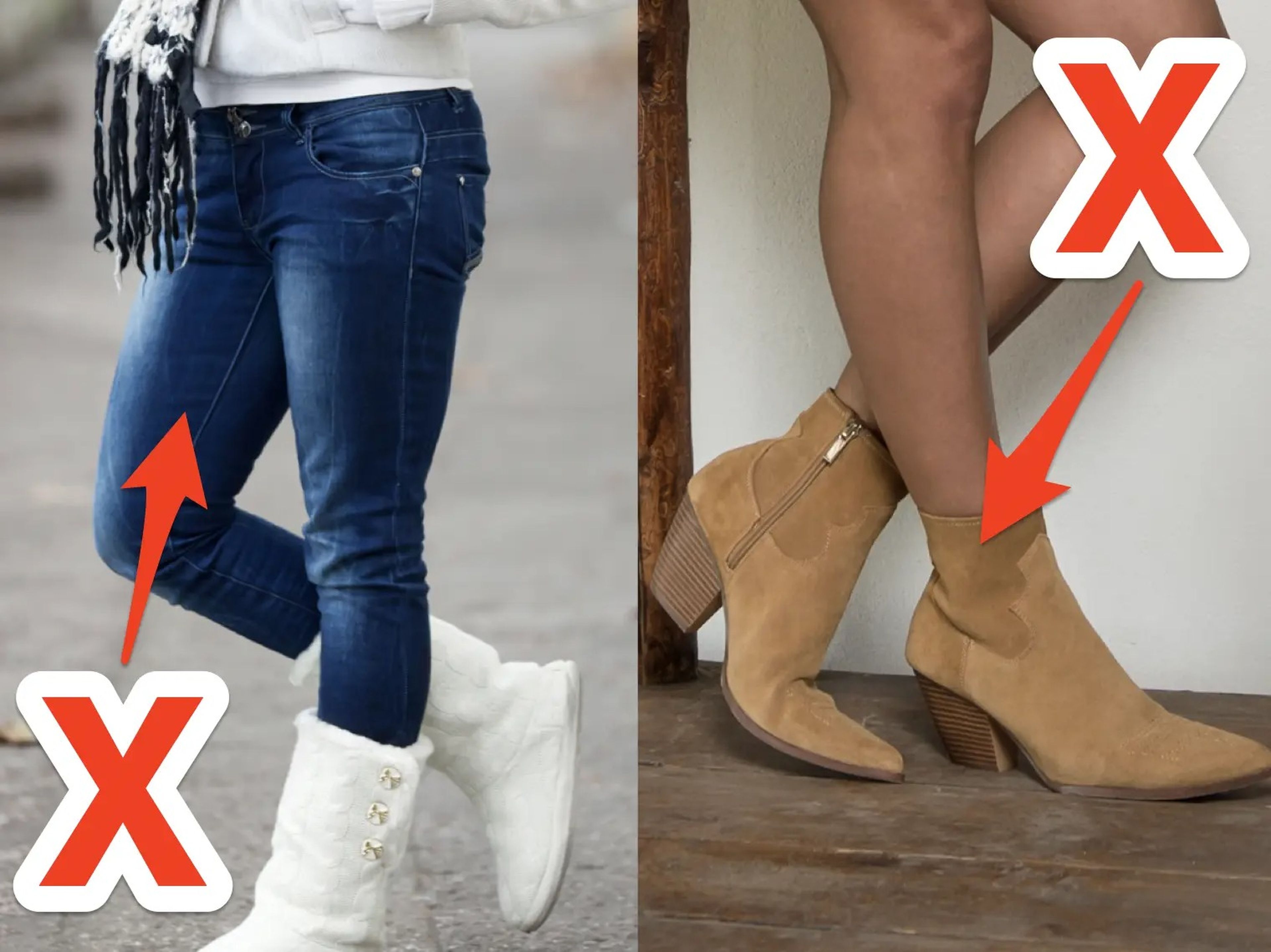 red x and arrows pointing to low-rise skinny jeans and a red x and arrow pointing to wester-style booties