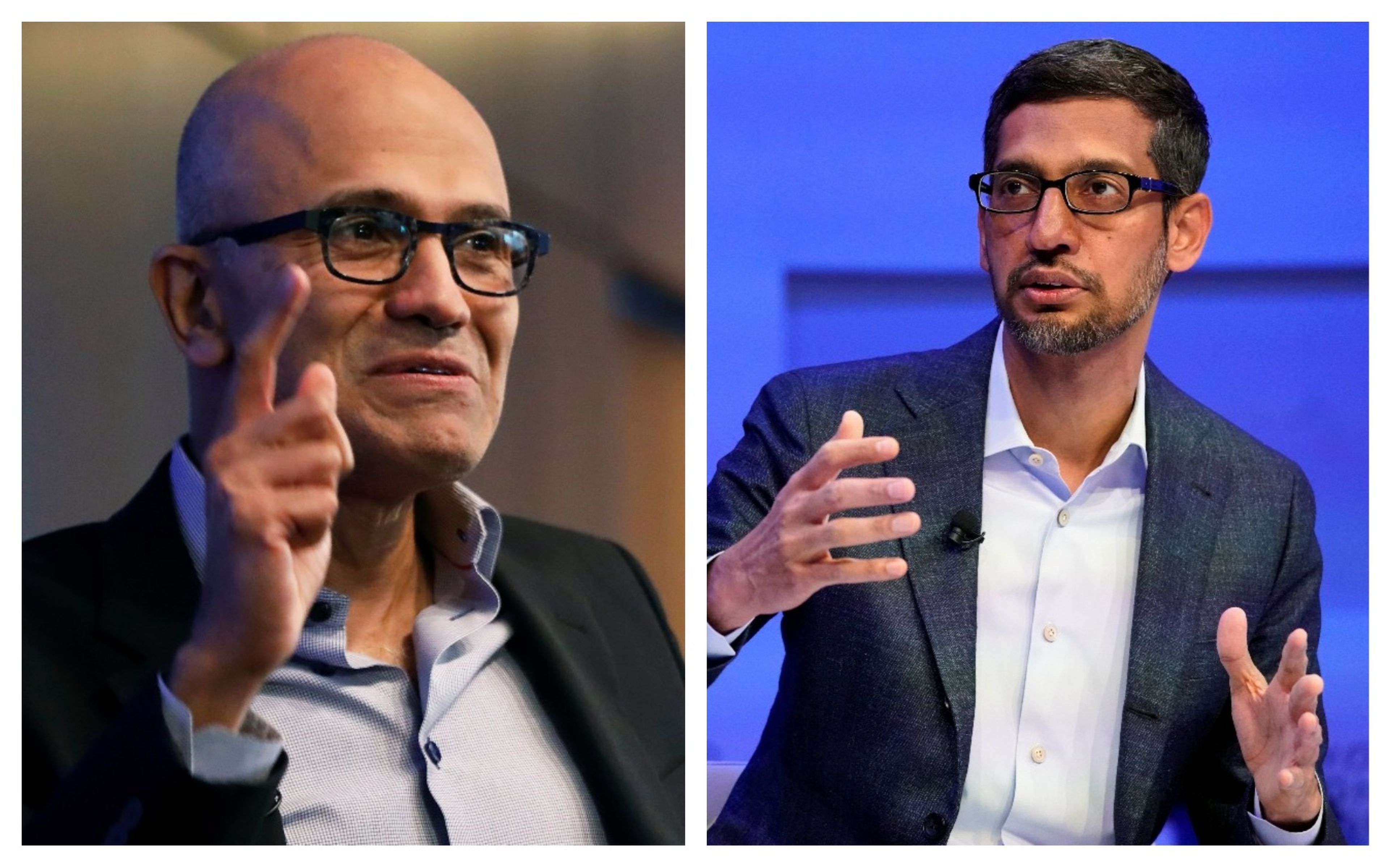 Satya Nadella, CEO de Microsoft (izquierda), y Sundar Pichai, CEO de Google (derecha).