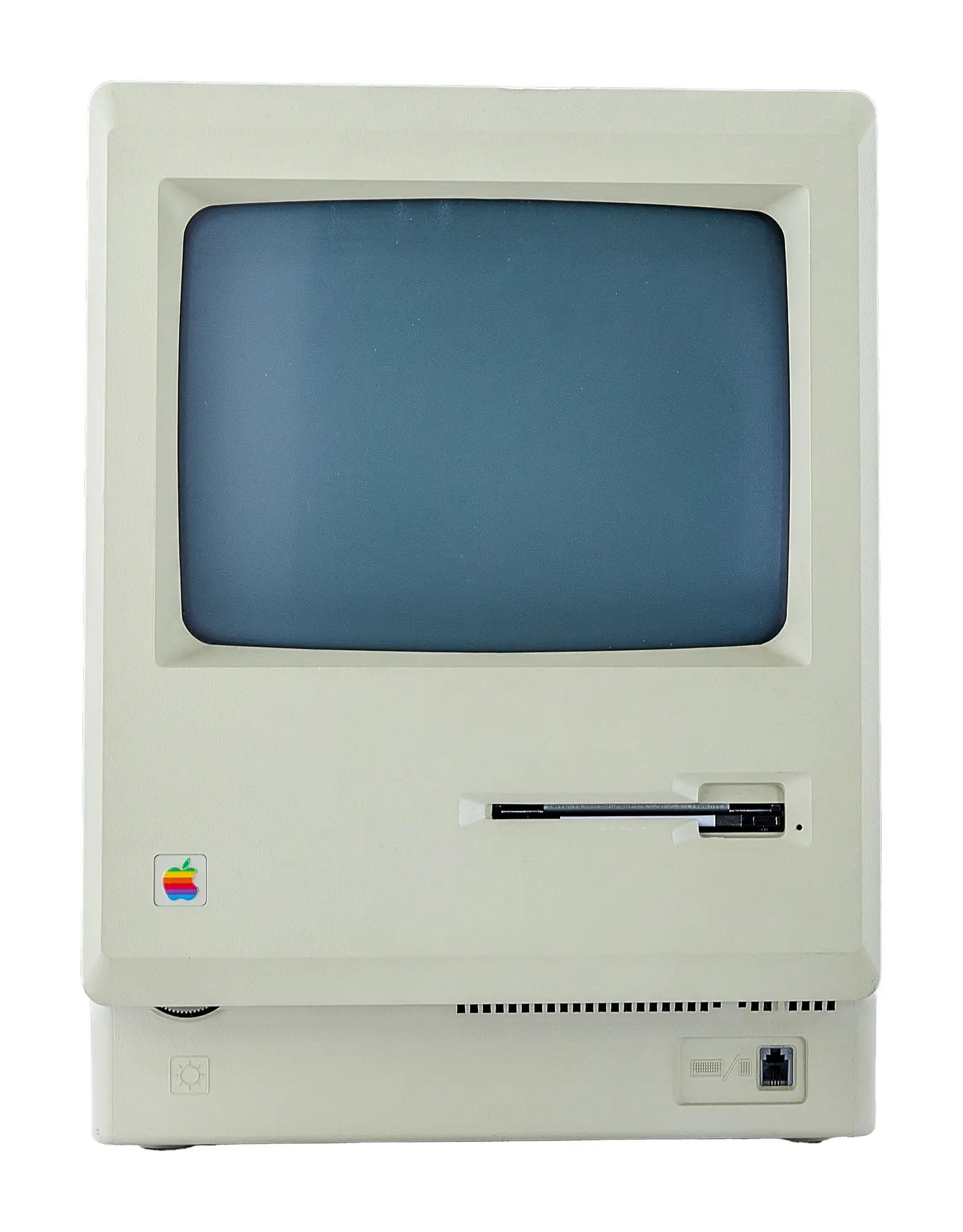 1984 Macintosh (128K) front facing with screen and a slot